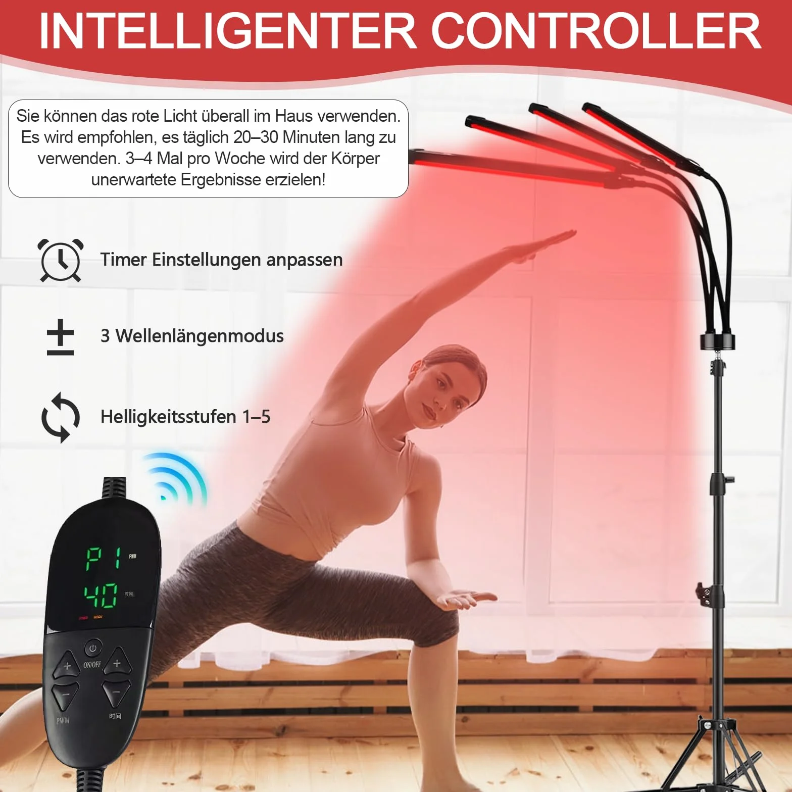 Czerwone światło ze stojakiem, 660 nm i 850 nm i 940 nm, czerwone światło 180 diod LED z pilotem zdalnego sterowania, 4 głowice, czerwone światło, dla mężczyzn i kobiet, prezent urodzinowy