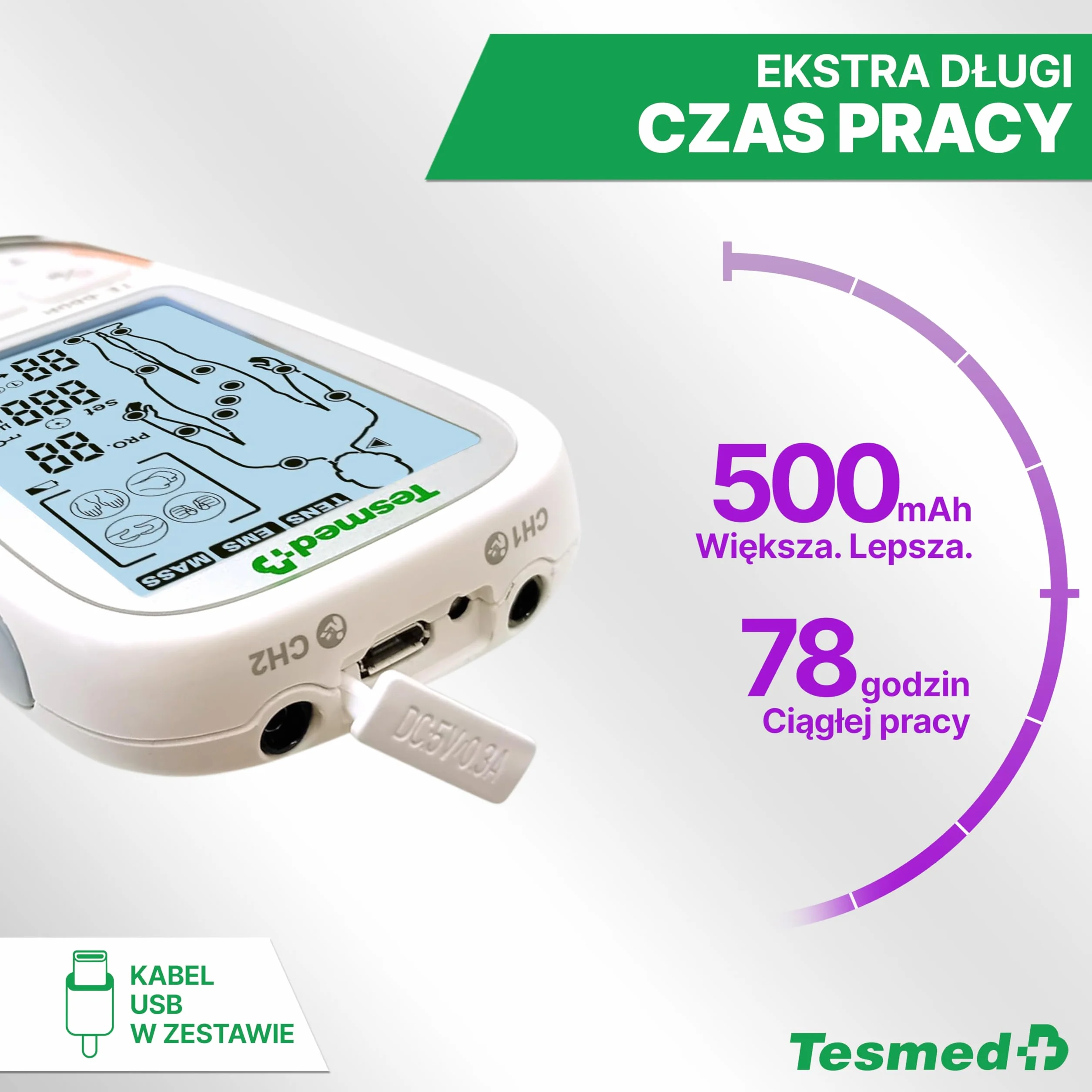 TESMED TE-880R Plus elektrostymulator mięśni do wielokrotnego ładowania, EMS, TENS, masaż: 73 programów Cui 2 konfigurowalne - działa z 8 elektrodami