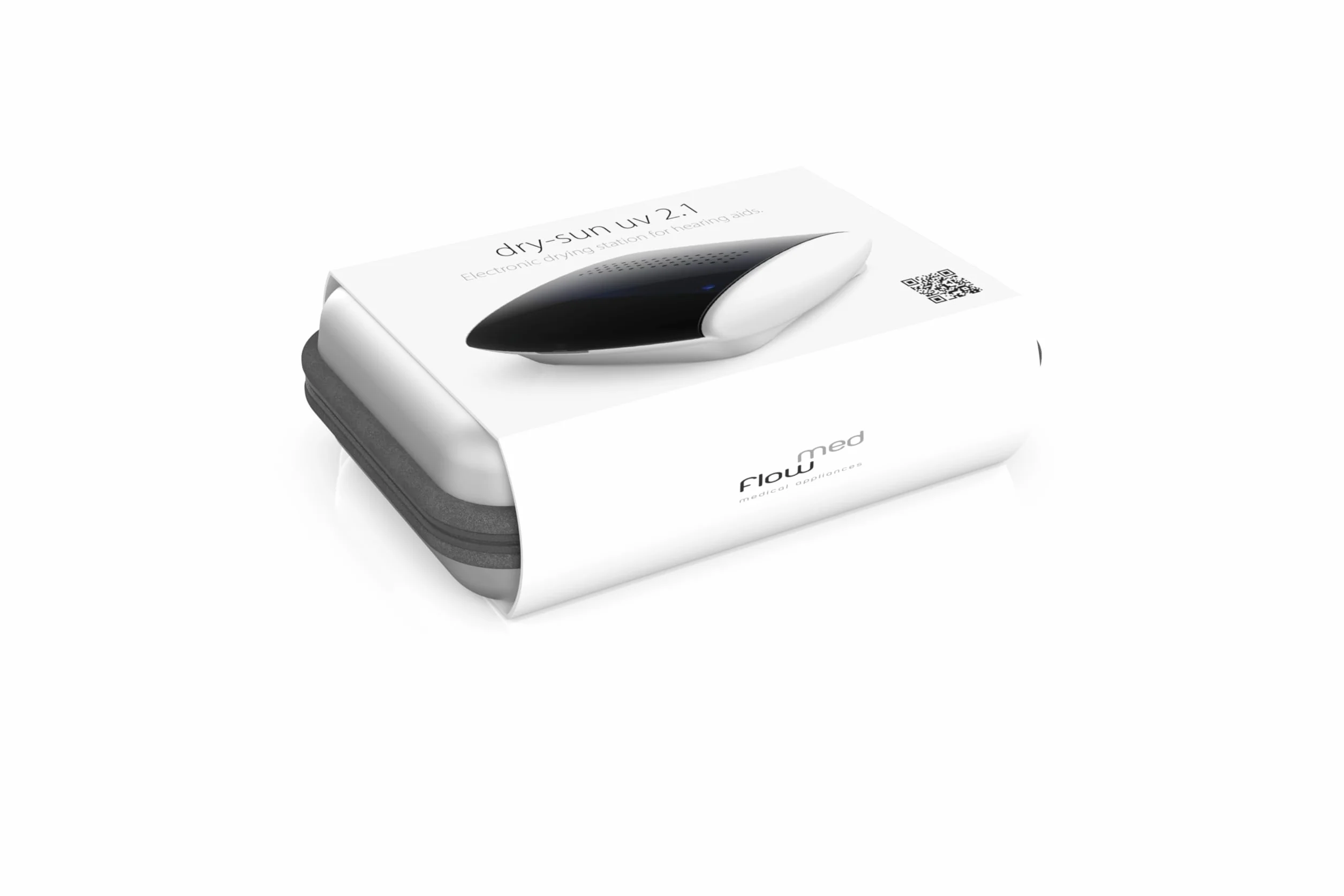 flow-med dry-sun UV 2.1 Suszarka do Aparatów Słuchowych - Promieniowanie UV-C i Światło Niebieskie – Usuwa Wilgoć – Etui do Przechowywania – USB-C – Produkt Medyczny – Regulacja Temperatury