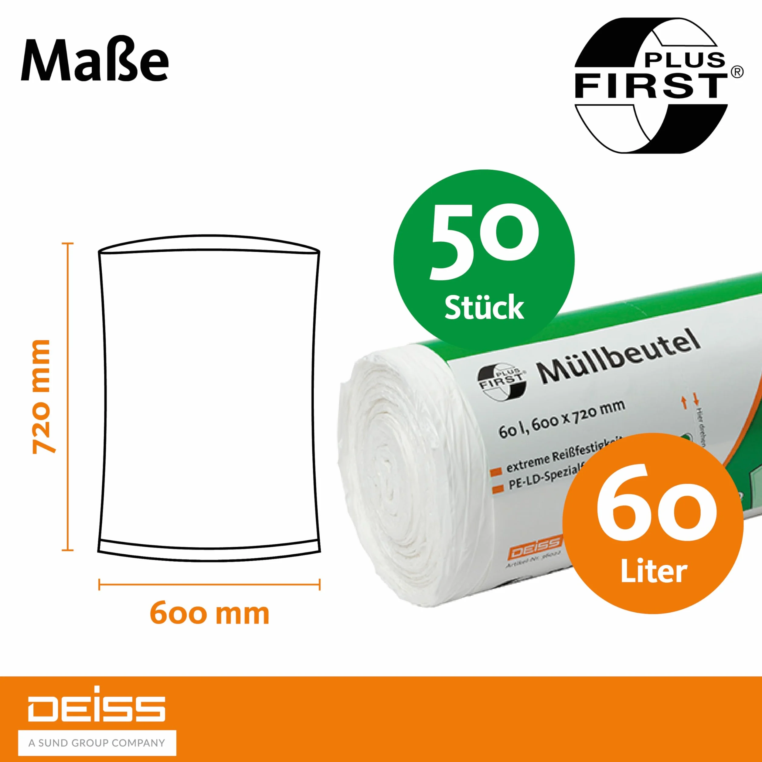 Worki na śmieci DEISS FIRST PLUS białe 60 l, 50 sztuk