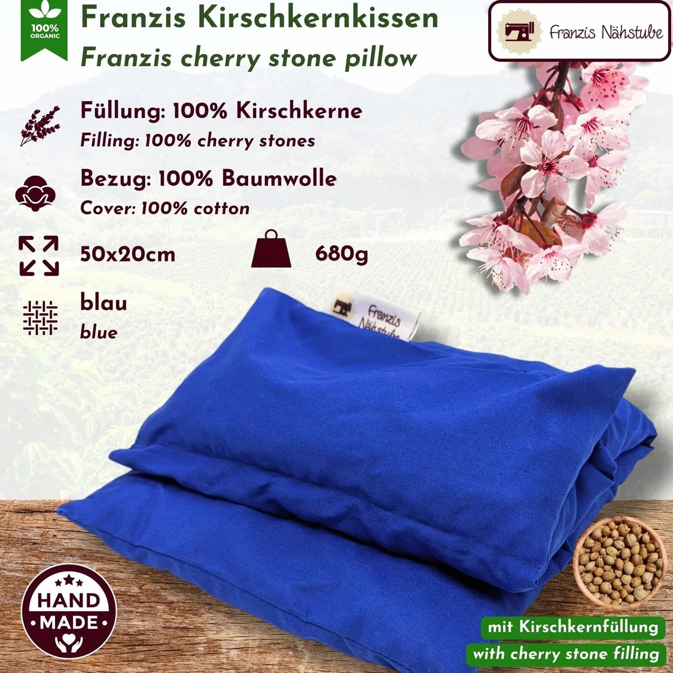 Franzis Nähstube 50x20cm Cherry pit pillow blue in 100% cotton I Microwavable cherry pit pillow 50x20 I Heat pad, cherry pit pillow, neck heat pillow