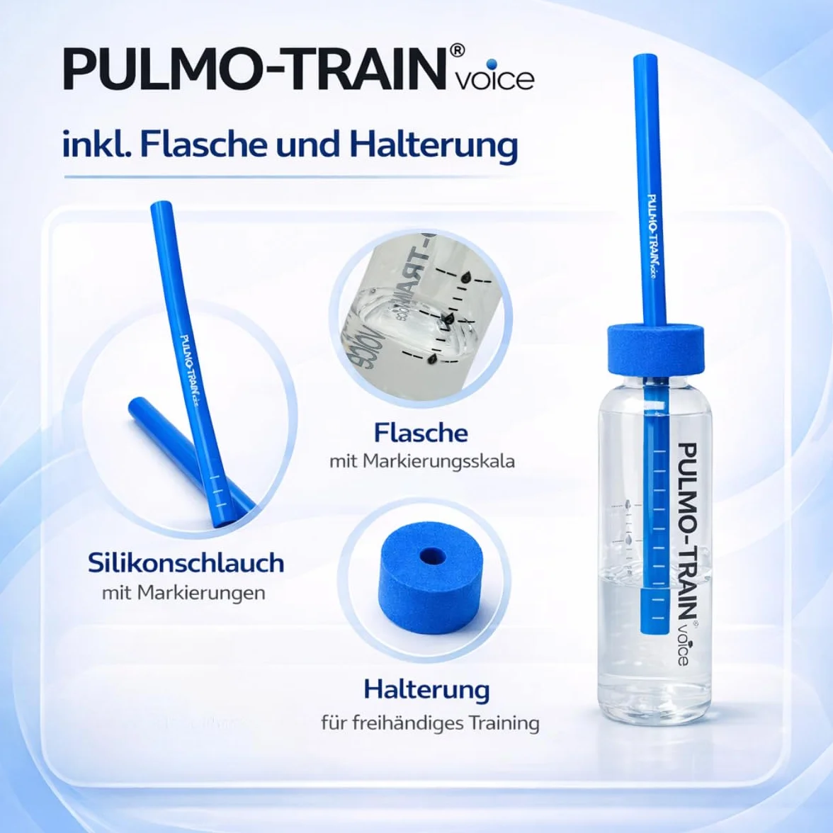 Oryginalny wąż silikonowy PULMO-TRAIN Voice do treningu głosu w różnych kolorach – wąż, butelka i uchwyt – nadaje się do treningu mowy i śpiewu (niebieski, 1 zestaw)