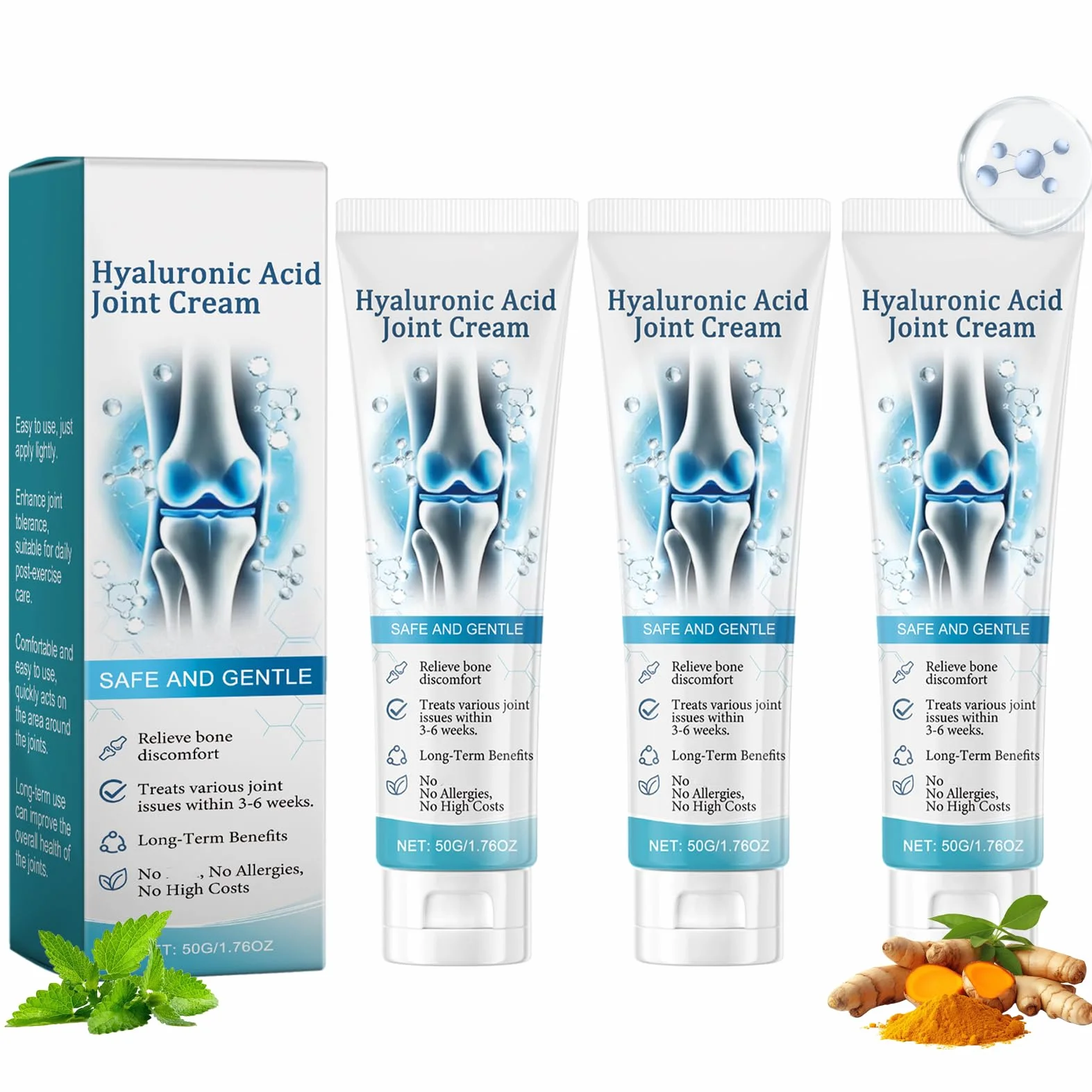 Kwas hialuronowy Joint Cream – 3 sztuki żelu z kwasem hialuronowym – krem do pielęgnacji stawów z kurkumą – krem łagodzący plecy, kark, dłonie, kolana – krem do naprawy stawów – głęboki odżywiający