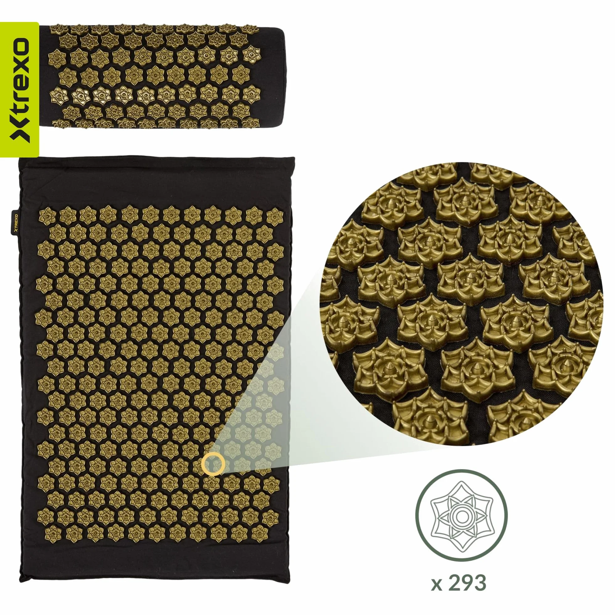 XTREXO Mata do akupresury z poduszką 38 x 15 x 10 cm, czarna, wymiary maty 68 x 44 x 2 cm, z bawełny i gąbki 18D, kolce HIPS redukują napięcia, wspomaga sen