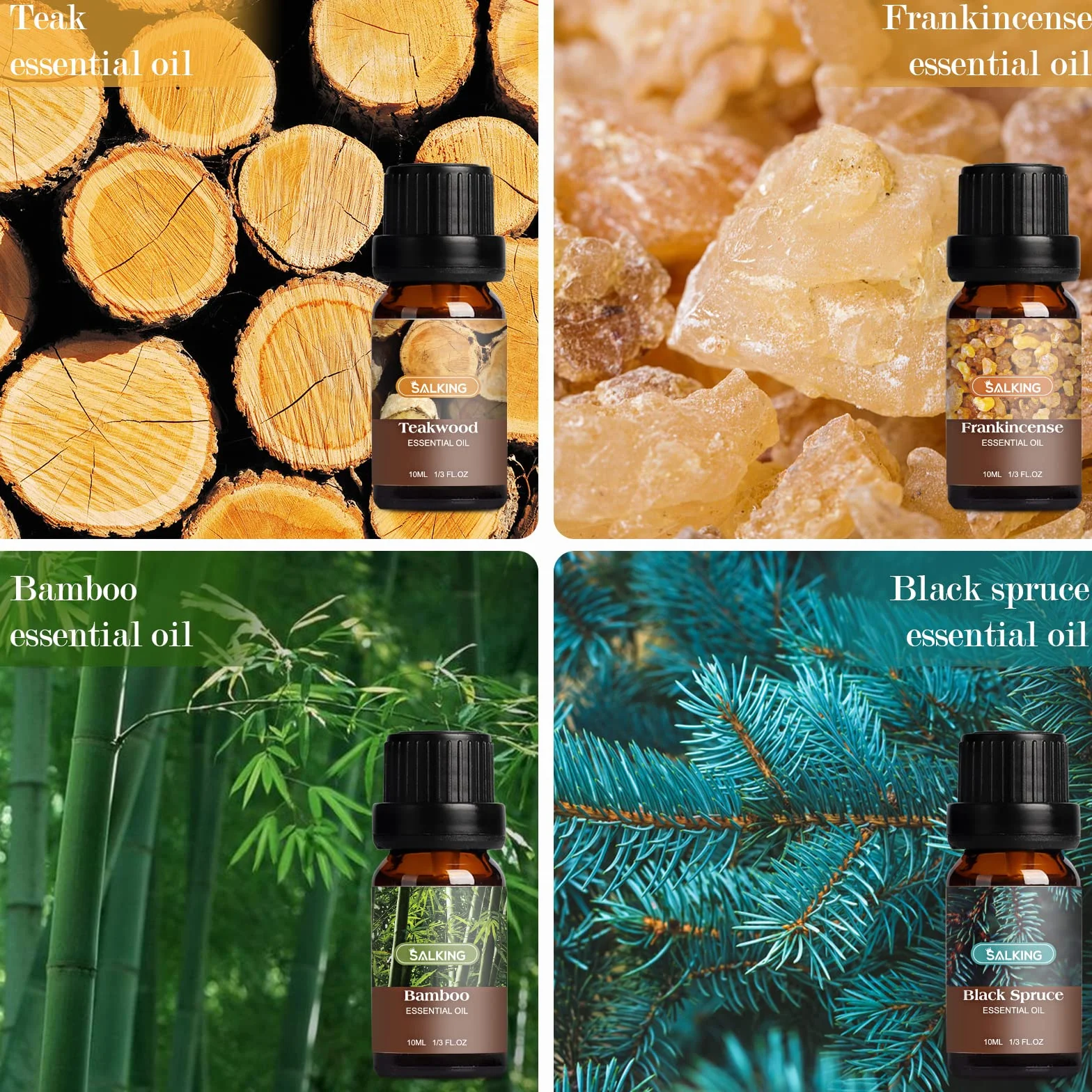 SALKING Woody Olejki eteryczne do dyfuzorów 12 x 10 ml - Frankincense, Teak, Sandal, Cyprys, Cedr, Paczula, skóra, bambus, sosna, sekwoja, cynamon, czerwony świerk, czarny