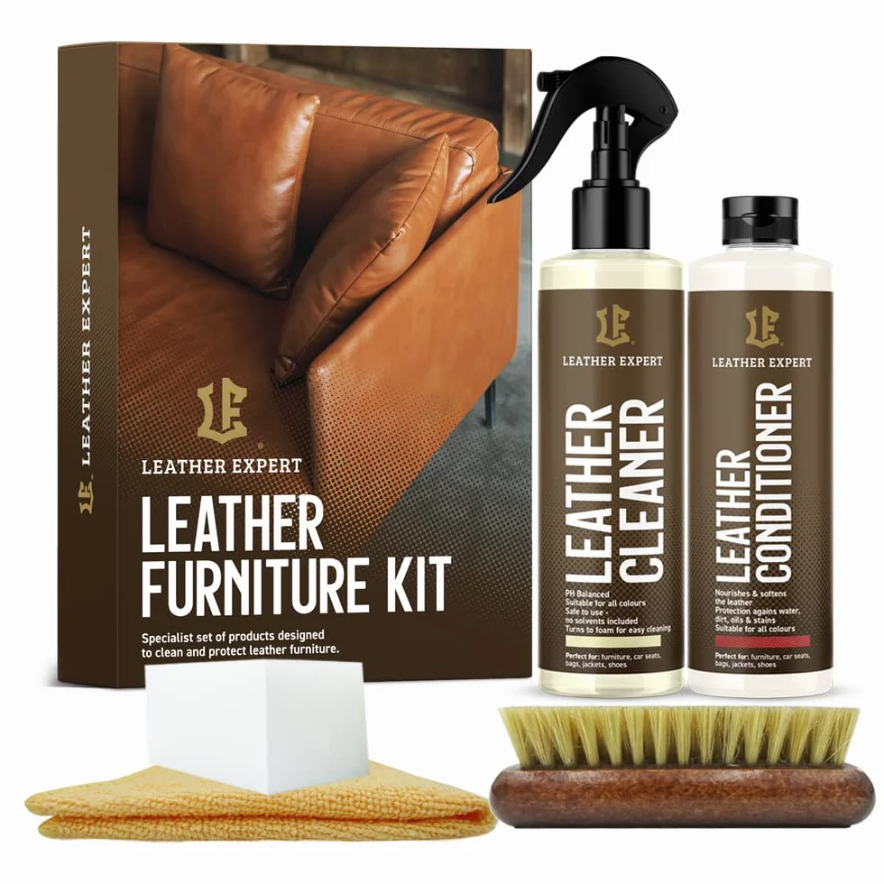 Leather Expert Leather Cleaner 250 ml + Leather Care 250 ml Zestaw do pielęgnacji mebli - Pielęgnacja imitacji skóry ze szczotką, gąbką i ściereczką z mikrofibry