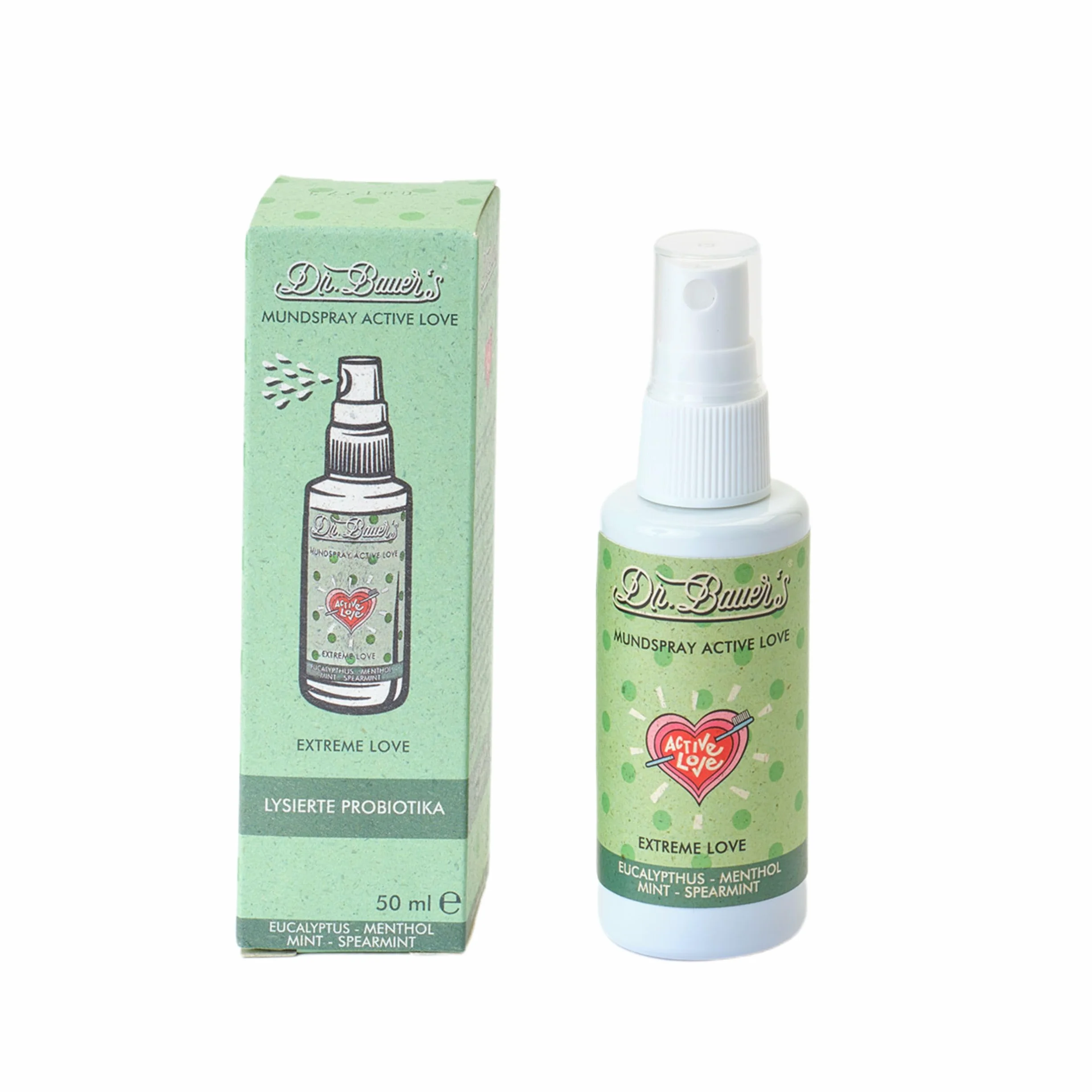 Dr. Bauer's Extreme Love Spray do ust 50 ml – mocna świeżość mięty, wegański, bez alkoholu