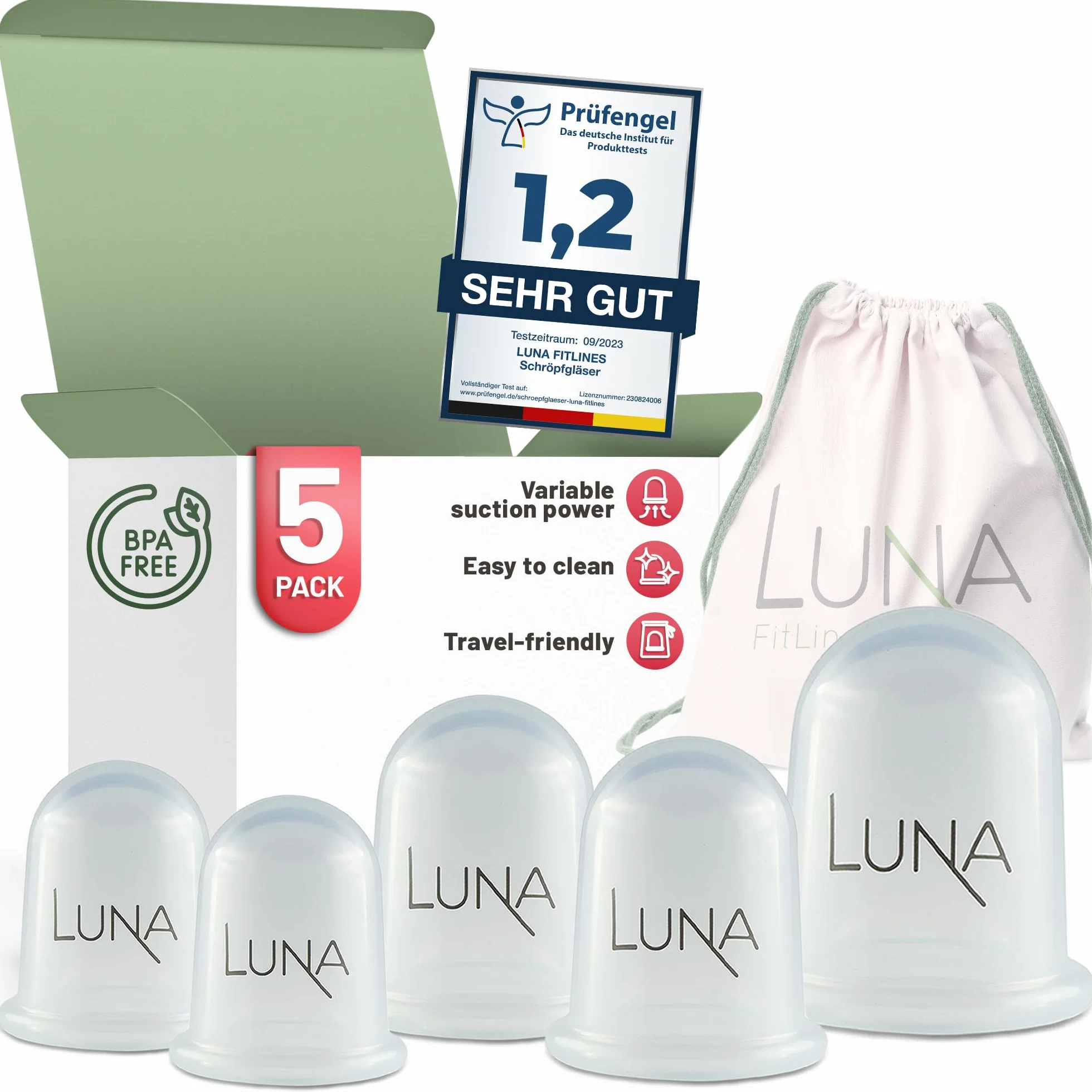 LUNA - zestaw 5 bańek premium w różnych rozmiarach, wysokiej jakości przyssawki z silikonu, łącznie z podręcznikiem aplikacji online - koniec z napięciami - bańki antycellulitowe