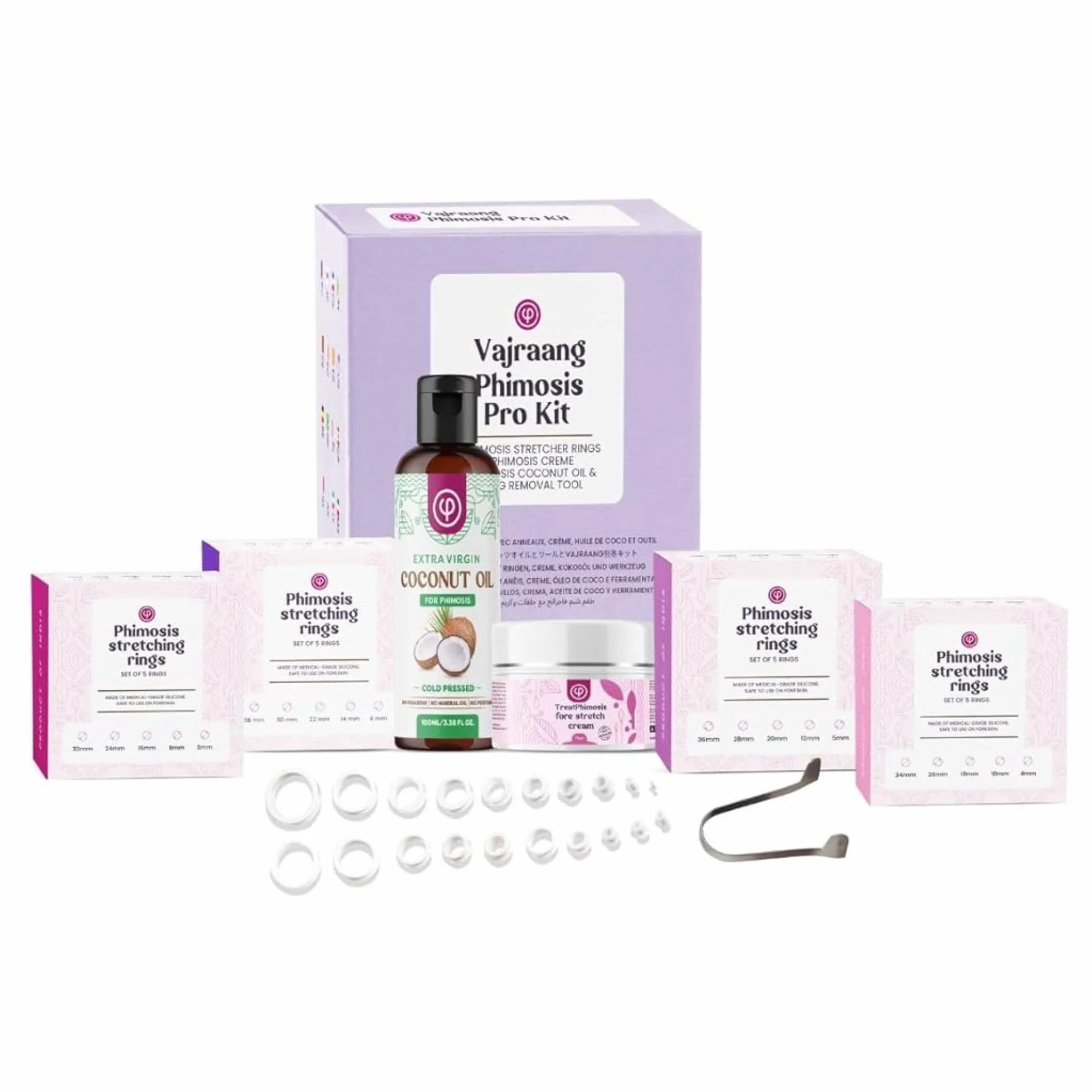Zestaw Phimosis Pro z 20 x pierścieni Phimosis, 1 x kremem do Phimosis, 1 x olejkiem do Phimosis, 1 x arkuszem śledzenia, 1 x broszurą "Jak używać" | Zestaw domowy do Phimosis | Sprawdzone efekty |