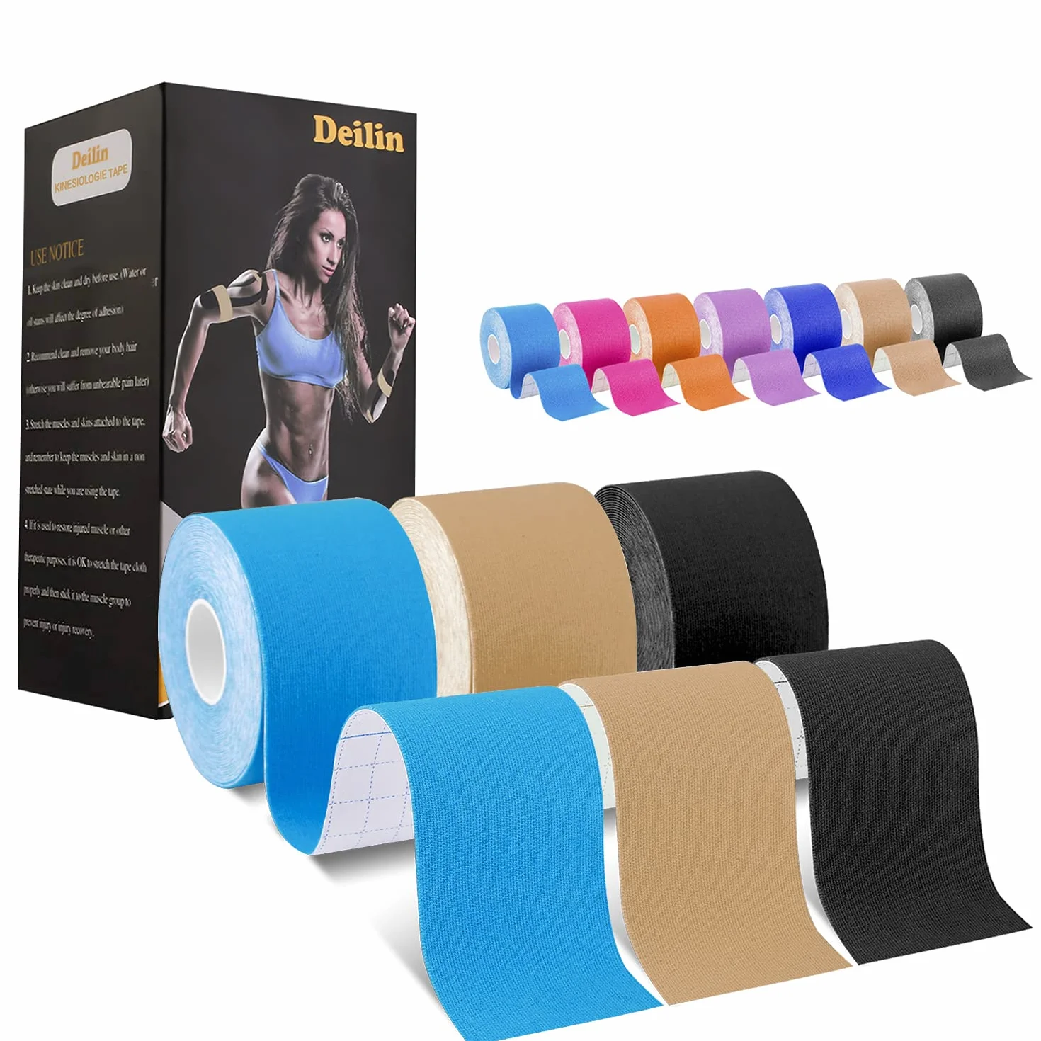 Deilin Kinesio Taping 3 rolki, 6 m x 5 cm, bardzo długa, do taśmy kinezjologicznej, taśma kinezjologiczna, zaokrąglenie do kolana, ramienia i łokcia, czarny + niebieski + beżowy