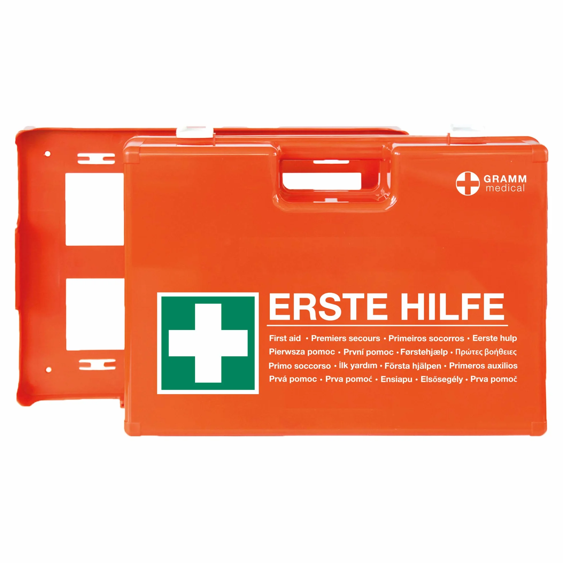 ACTIOMEDIC I Mobilny i stacjonarny zestaw zapasowy z uchwytem ściennym, DOMINO DIN 13157:2021, Opatrunki hipoalergiczne, wielojęzyczne etykietowanie, nośniki wizualne, 28x12x20 cm