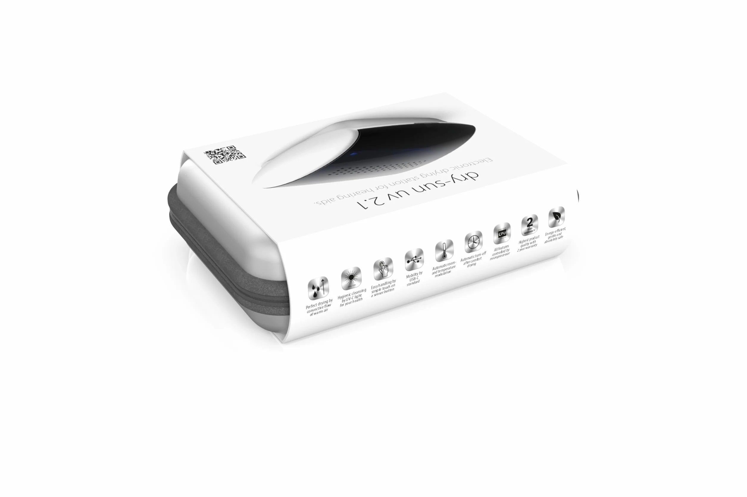 flow-med dry-sun UV 2.1 Suszarka do Aparatów Słuchowych - Promieniowanie UV-C i Światło Niebieskie – Usuwa Wilgoć – Etui do Przechowywania – USB-C – Produkt Medyczny – Regulacja Temperatury