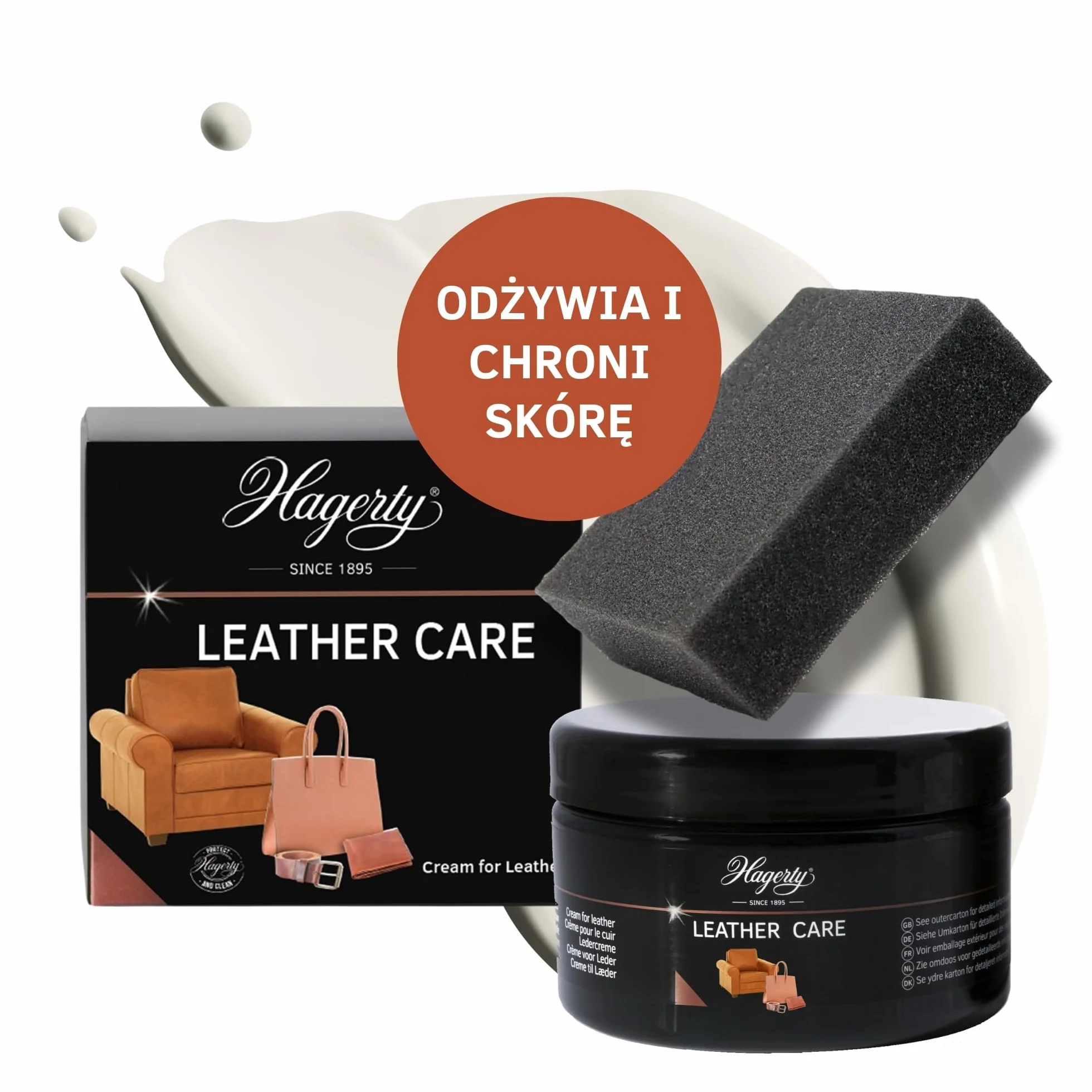 Hagerty Leather Care krem do skór bezbarwny 250 ml I Skuteczny krem ochronny do skór do czyszczenia i pielęgnacji torebek pasków akcesoriów siedzeń samochodowych itd I w zestawie z gąbką