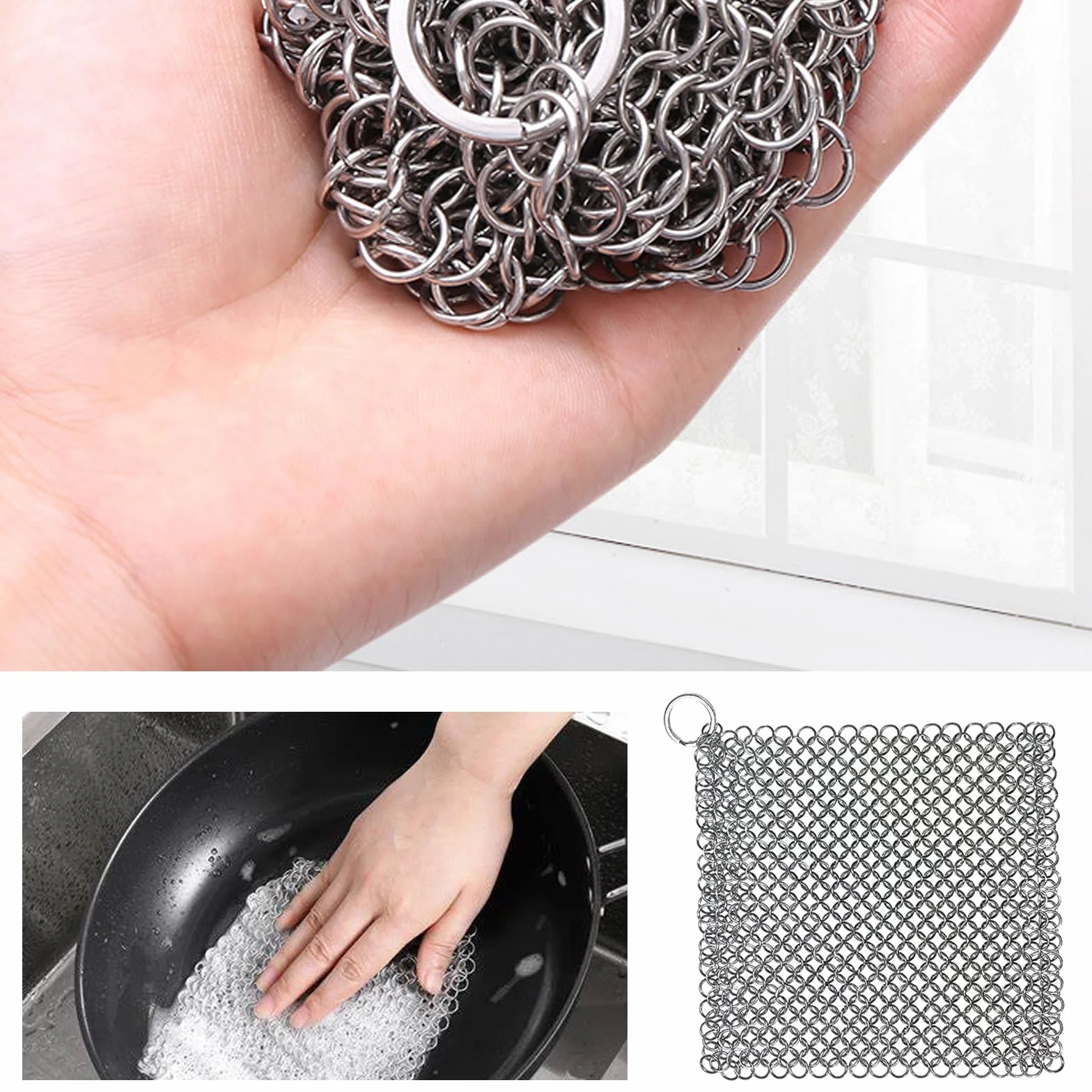 Środek do czyszczenia żeliwa ze stali nierdzewnej, skrobak Chainmail z wytrzymałym plastikowym skrobaczem do grilla i samoprzylepnymi haczykami do czyszczenia patelni żeliwnych lub woków i więcej