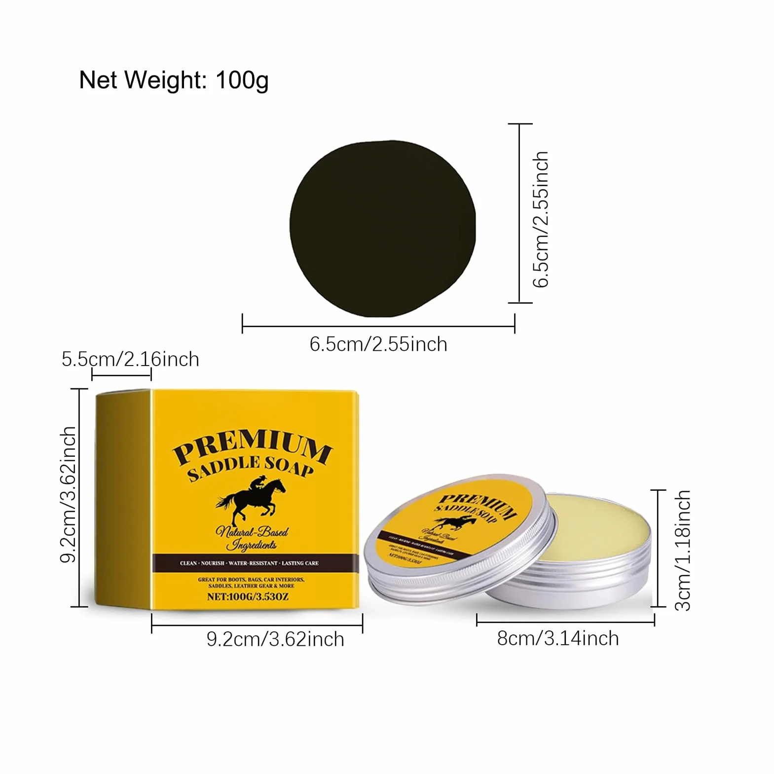Saddle Soap Leather Conditioner, 8x3cm 100g Boot Cleaner ABS Case With Sponge, Leather Care Supplies, Boots, Shoes, Bags, Jackets, Saddles, Cleaning, Conditioning