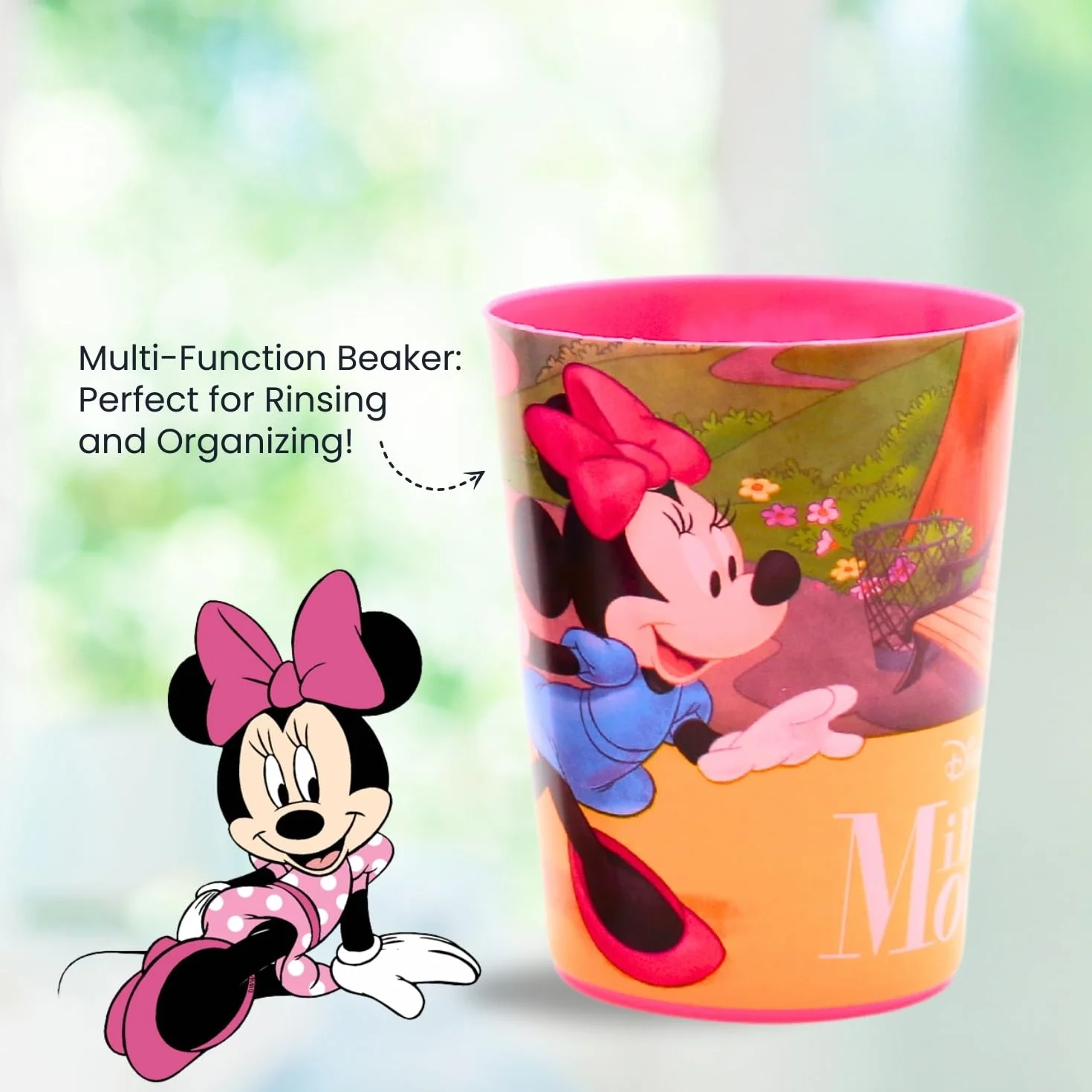 Kosmetyczka Myszka Minnie zawiera szczoteczkę do zębów z nasadką ochronną, przyssawką, wygodny uchwyt i miękkie włosie, pastę do zębów o smaku miętowym i wielofunkcyjną zlewkę dla dzieci