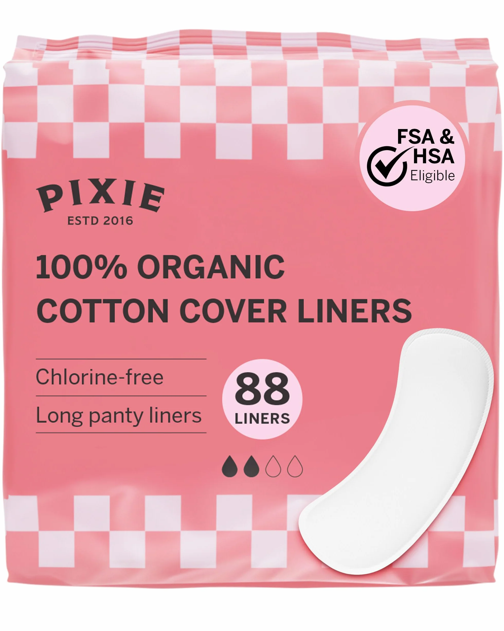 Pixie Wkładki do majtek z bawełny organicznej dla kobiet - długie owinięte wkładki higieniczne - chłonność światła i ultracienkie - szczelne, hipoalergiczne i bezzapachowe - kompostowalne - 88 sztuk