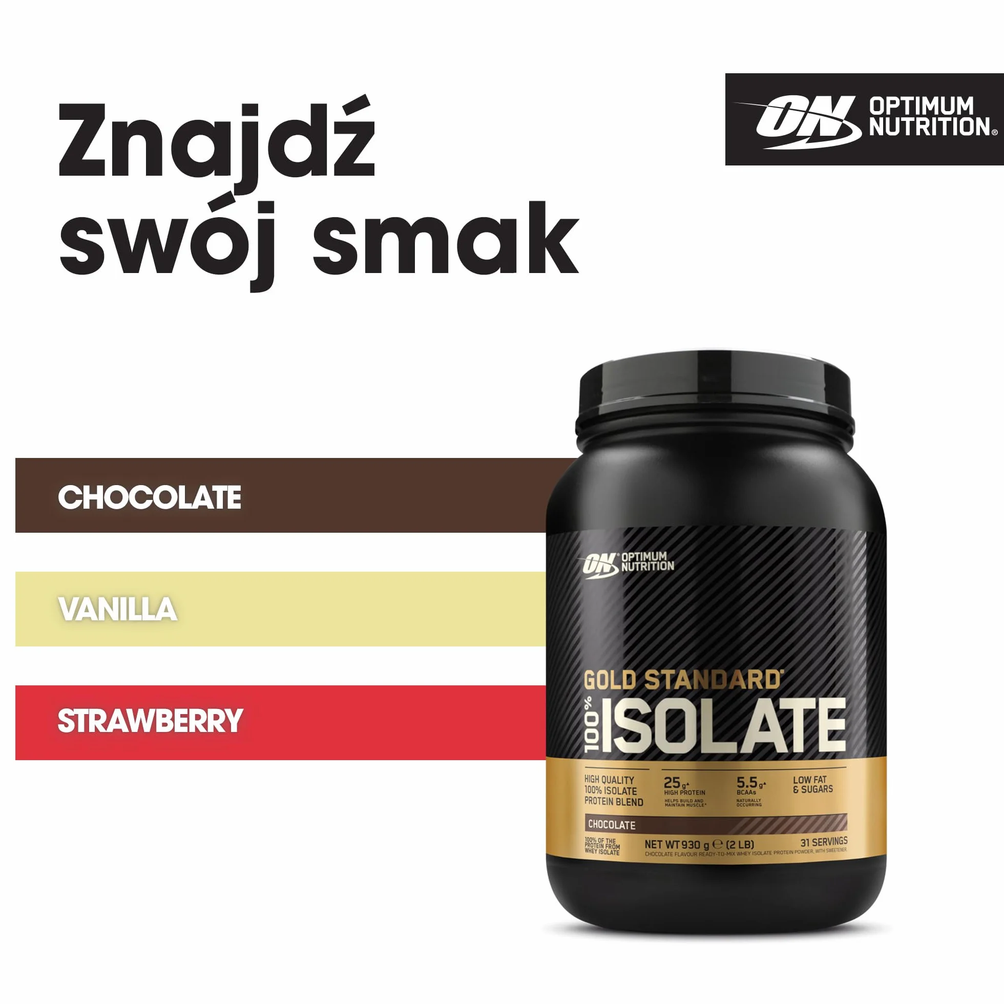 Optimum Nutrition ON Gold Standard 100% Isolate, 100 % Izolat Białka Serwatkowego, BCAA i Glutamina, Przed i po treningu, Smak Czekolada, 31 Porcji, 930 g
