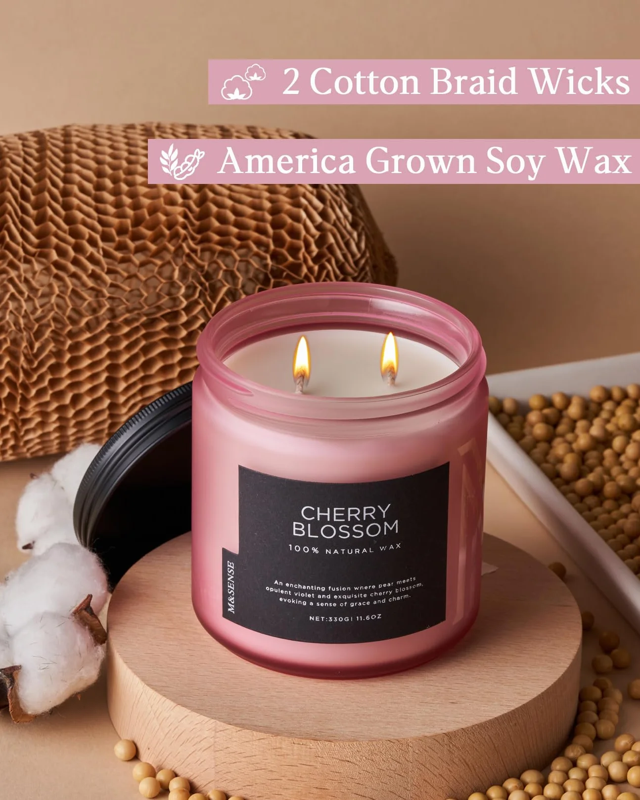M&SENSE Świeca zapachowa w słoiku, 330 g, naturalny wosk, czas palenia 70 godzin, świeca do aromaterapii do relaksu, prezent i dekoracja domu, kwiat wiśni