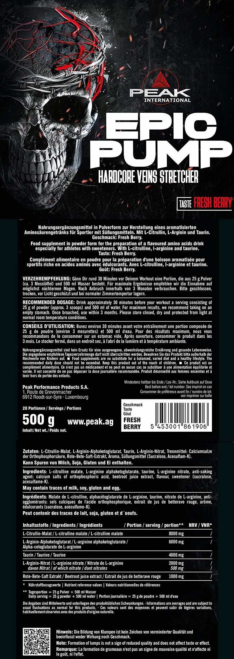PEAK Epic Pump 500 g Fresh Berry Pre Workout Booster bez kofeiny jabłczan L-cytruliny L-argininy AAKG tauryna wegańska