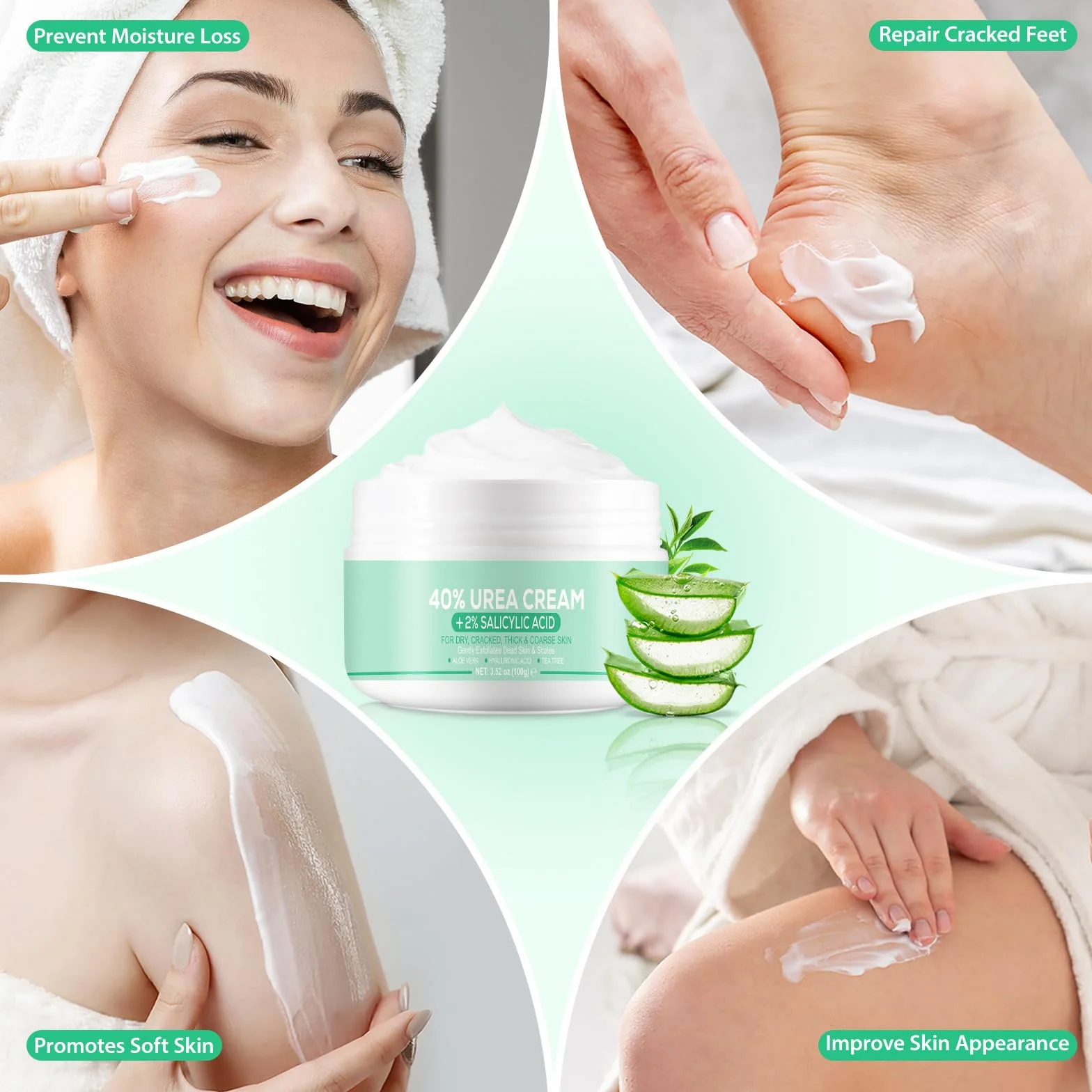 40% Urea Cream, Urea Foot & Hand Cream 3,52 oz do popękanych pięt i suchej skóry, z aloesem, olejkiem z drzewa herbacianego i jojoba do głębokiego nawilżenia, usuwania zrogowaciałego naskórka i