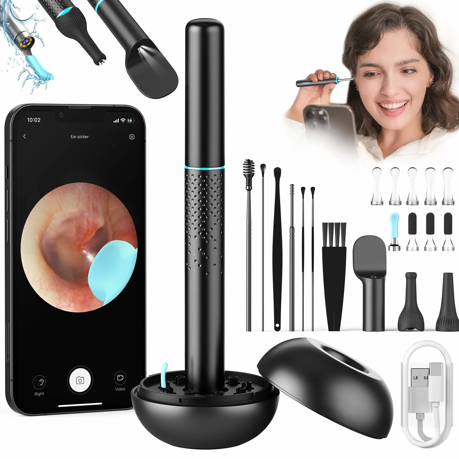 Otoskop: Otoscope do usuwania woskowiny z 1080P HD Camara, 3.5mm Inteligentny środek do czyszczenia uszu, Wodoodporna kamera do uszu IP67 z 6 diodami LED, odpowiedni dla iPad, iOS, Android