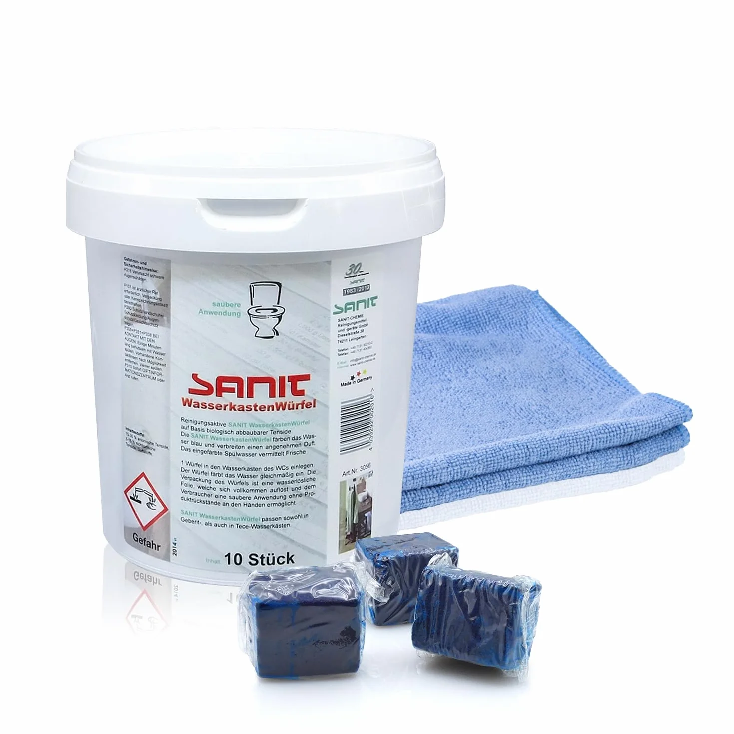 Sanit kostki do pojemnika na wodę – 10 sztuk, 40 tygodni świeżości w łazience – łącznie ze ściereczką z mikrofibry by Kör4u – Made in Germany