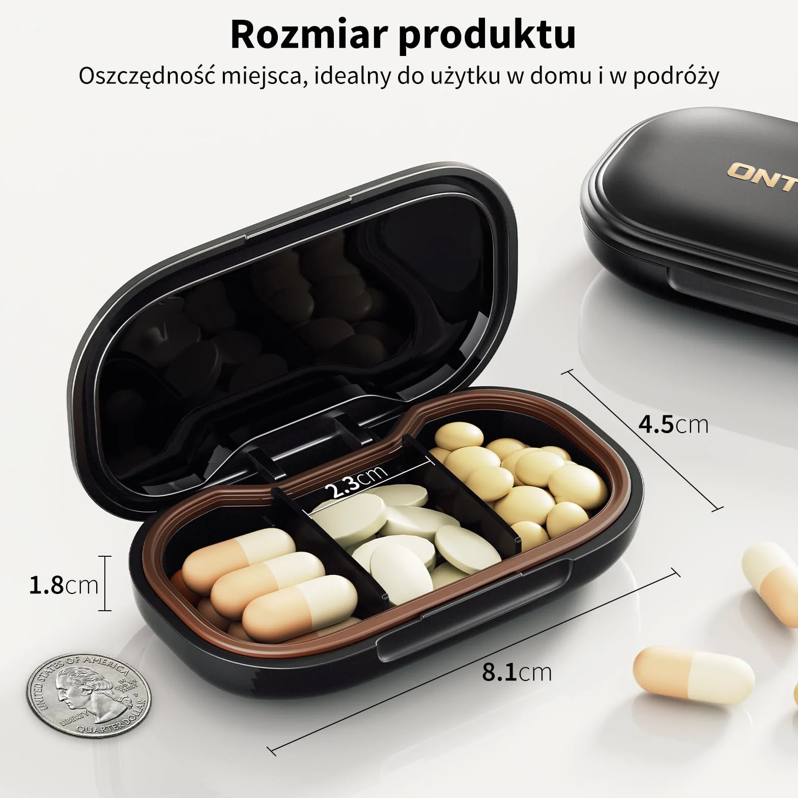 ONTERATE Małe Pudełko na Tabletki, 3 Komorowe Etui na Tabletki do Torebki, Wyjmowany Organizer Podróżny na Tabletki, Wodoodporny Mini Pojemnik na Tabletki, Organizer na Leki i Witaminy (Czarny)