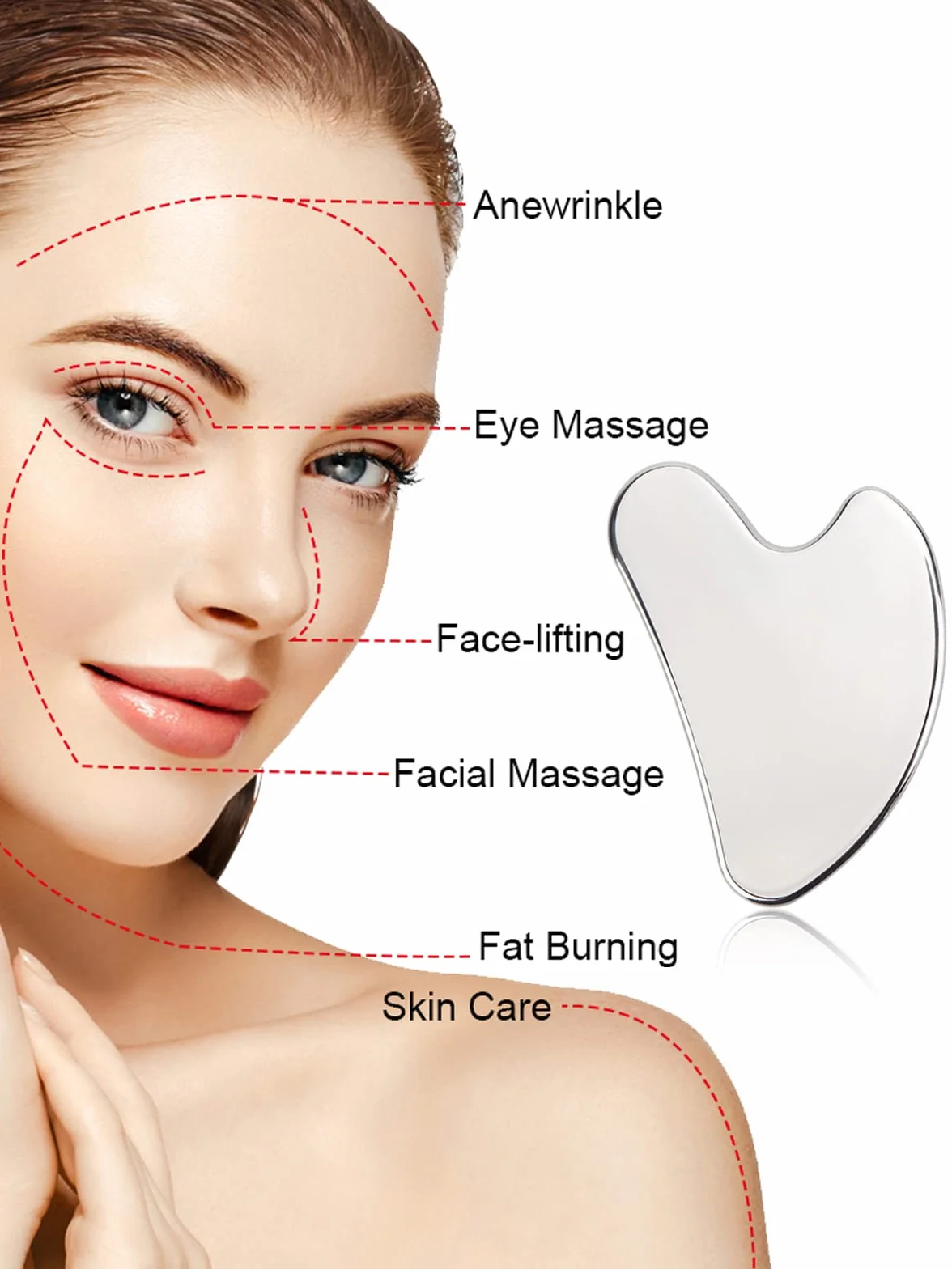 Deciniee Gua Sha narzędzie do masażu, narzędzia Gua Sha ze stali nierdzewnej Gua Sha skrobak do twarzy do szczuplejszej twarzy i konturowania w kształcie serca