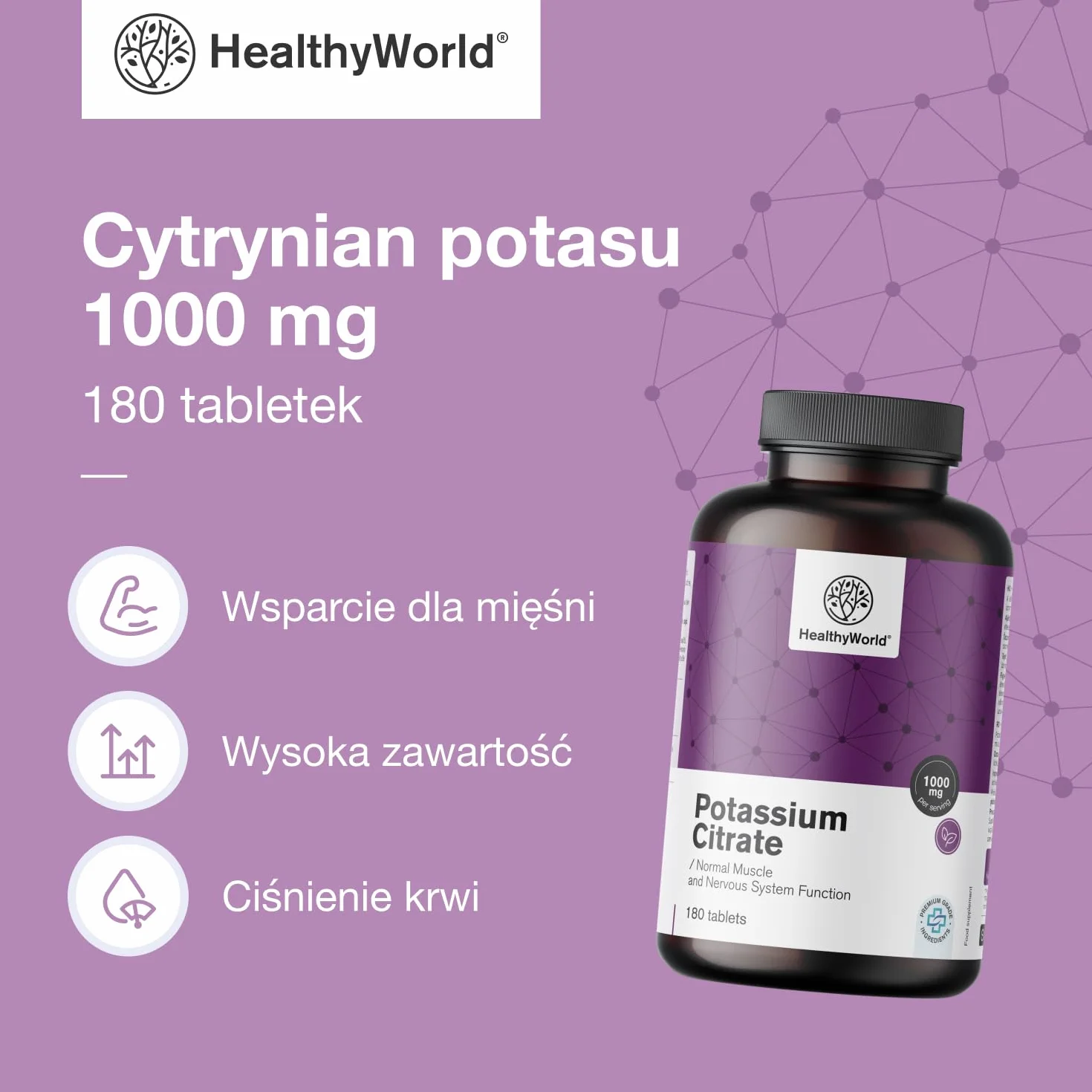 HealthyWorld Cytrynian potasu 1000 mg 180 tabletek – Wsparcie dla mięśni, układu nerwowego i ciśnienia krwi