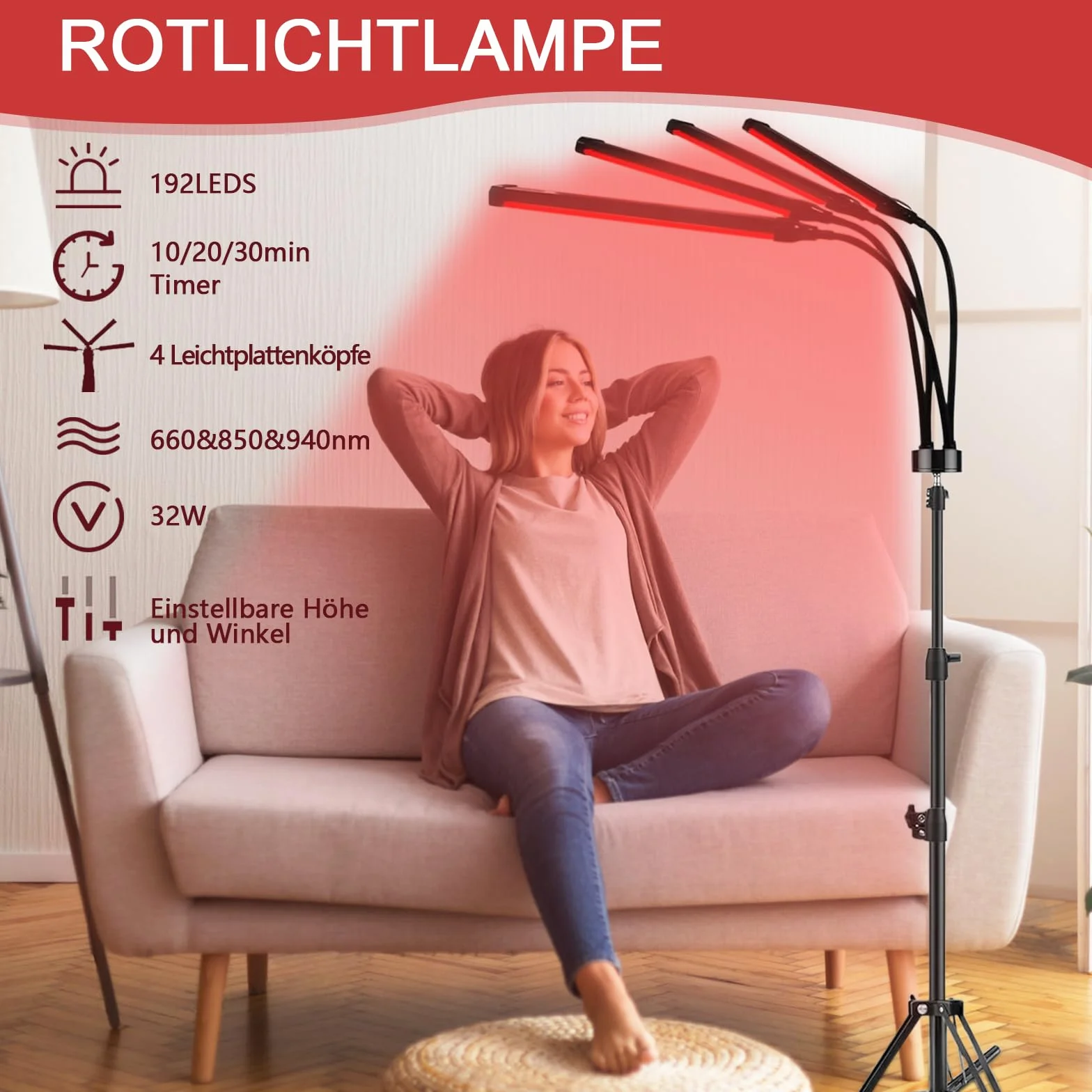 Czerwone światło ze stojakiem, 660 nm i 850 nm i 940 nm, czerwone światło 180 diod LED z pilotem zdalnego sterowania, 4 głowice, czerwone światło, dla mężczyzn i kobiet, prezent urodzinowy