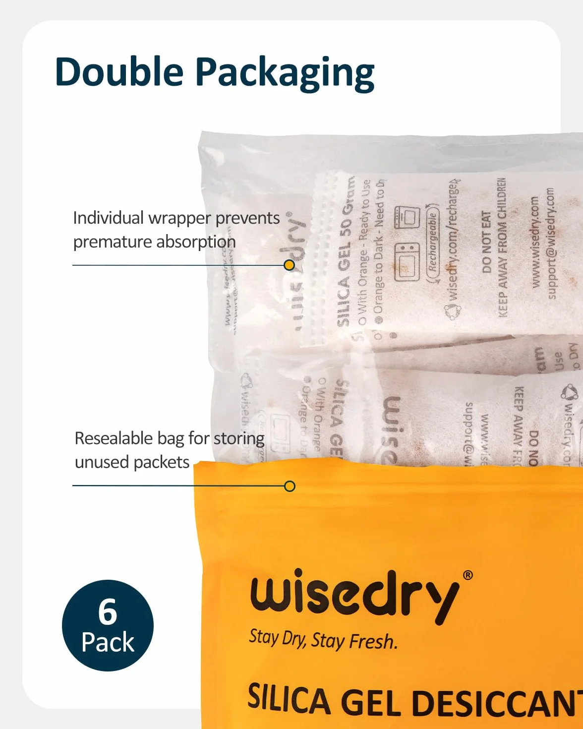 wisedry Saszetki z żelem krzemionkowym 50 g (6 opakowań) pomarańczowe koraliki klasy spożywczej zmieniające kolor pochłaniacz wilgoci
