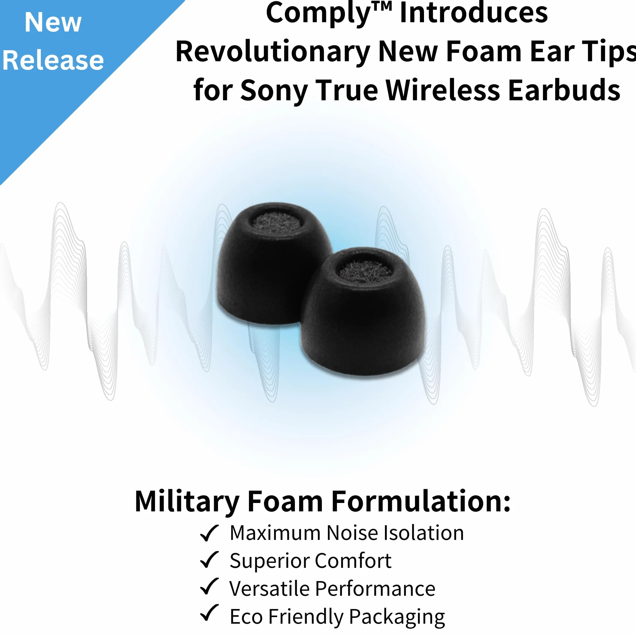 Comply Premium piankowe zatyczki do uszu, kompatybilne z Sony True Wireless XM5, XM4, Linkbuds S & C700N, rozmiar M, nowa wersja 2025 z narzędziem do czyszczenia, czarne, 3 pary, wyprodukowano w USA