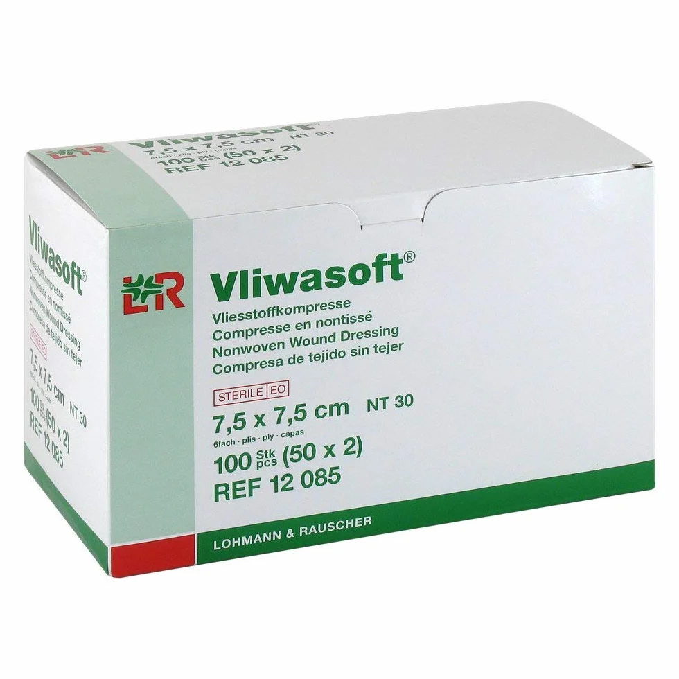 VLIWASOFT Kompresy z włókniny 7,5 x 7,5 cm sterylne 6 l. 50 x 2 szt