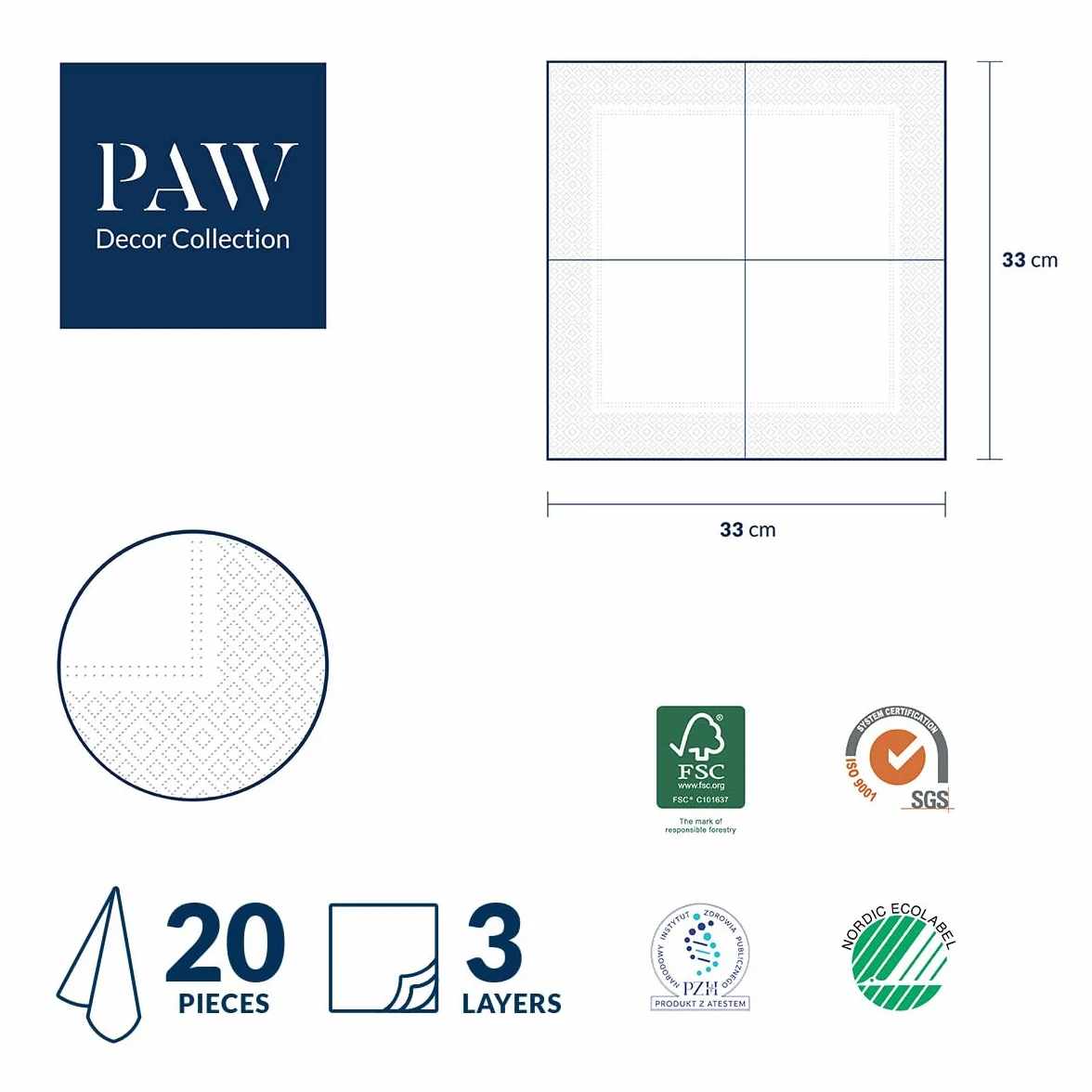 Paw - Serwetki papierowe 3-warstwowe (33 x 33 cm) I 20 sztuk I Idealne na urodziny, imprezy, wesela, komunię i uroczystości Dekoracja stołu, kolorowe serwetki papierowe I Kolorowy magiczny las