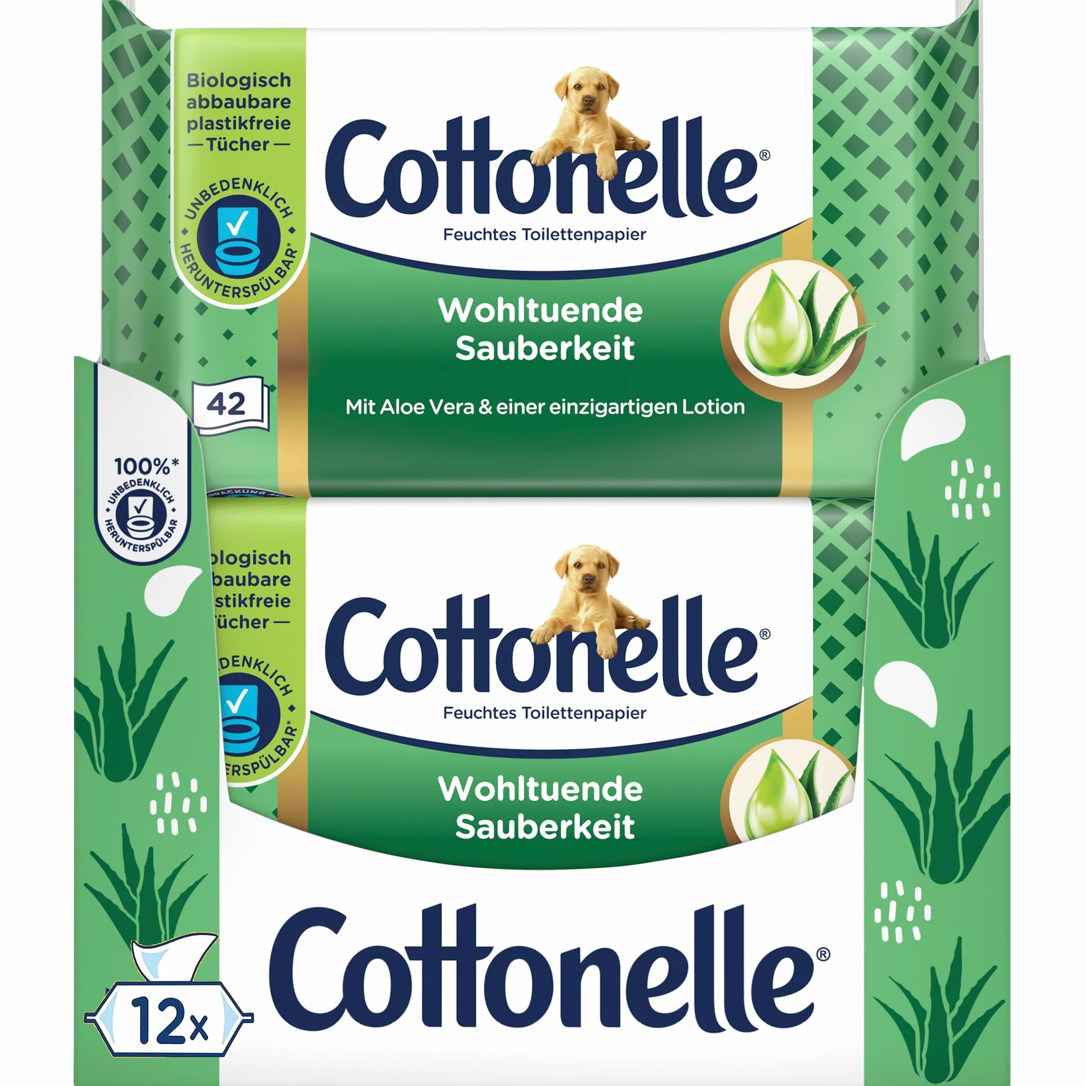 Cottonelle Wilgotny papier toaletowy, kojąca czystość, z balsamem prebiotycznym, biodegradowalny, 12 x 42 chusteczki nawilżane