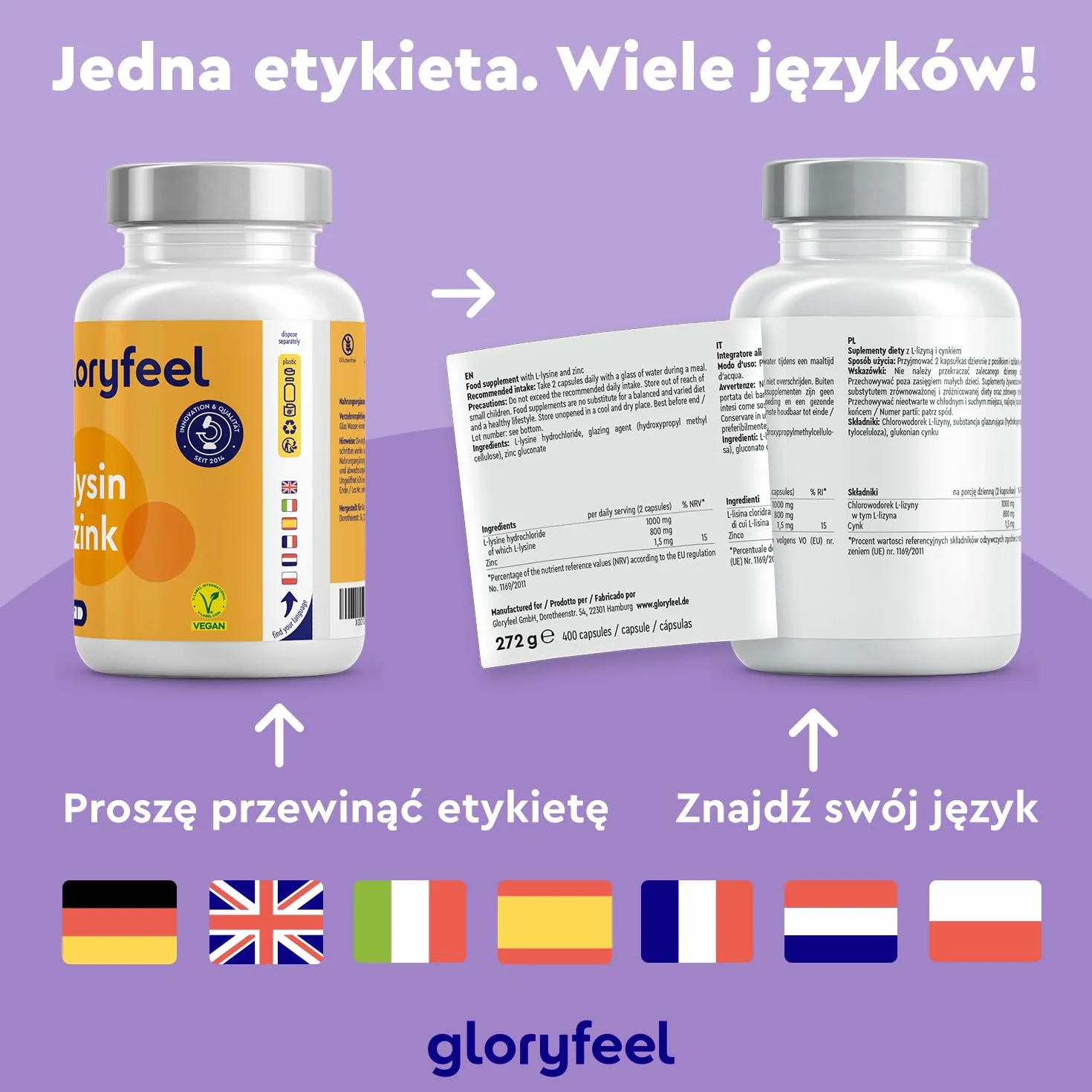 L-Lizyna - 400 wegańskich kapsułek - 1000 mg lizyny w wysokiej dawce dziennej - Niezbędny aminokwas z cynkiem dla układu odpornościowego oraz skóry, włosów i paznokci - Z fermentacji roślinnej
