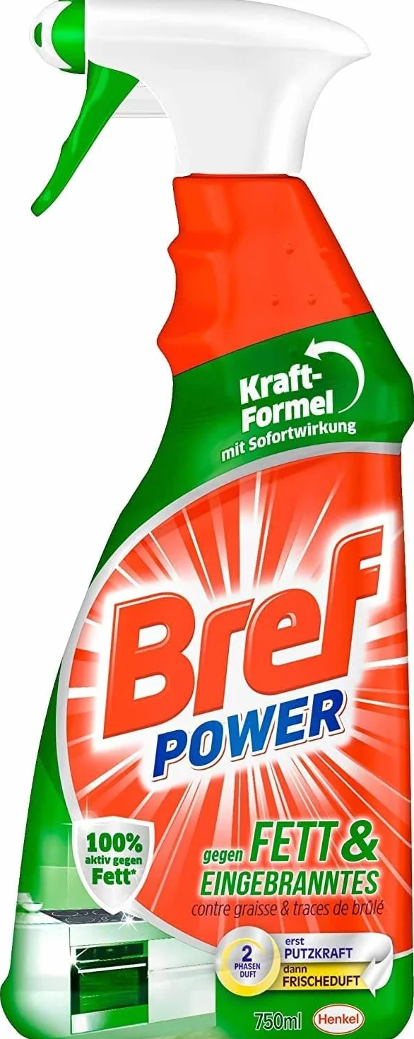 Bref Moc przeciwtłuszczowa i wypalona, butelka z rozpylaczem, do kuchni, kominka i pieca (4 opakowania 4 x 750 ml)