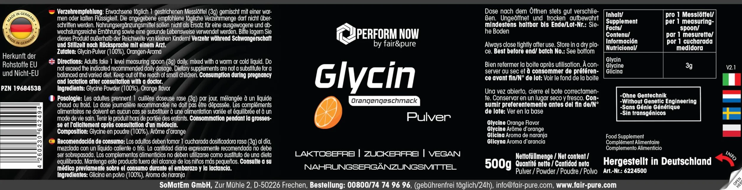 Glicyna w proszku - 500g - o smaku pomarańczowym - aminokwas - optymalna wysoka dawka - niemiecka jakość produkcji | PERFORM NOW by fair&pure®
