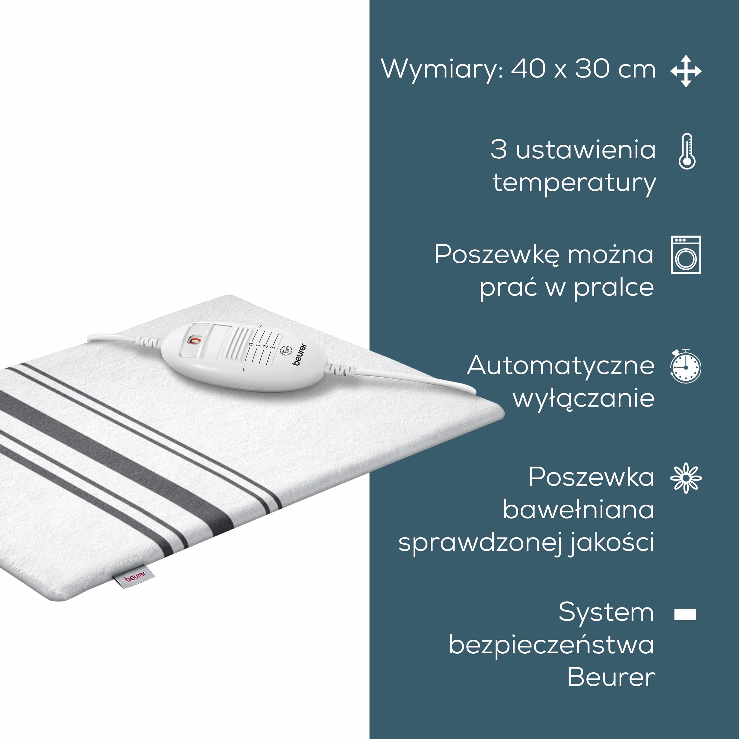 Beurer HK 25 poduszka grzewcza 40x30 cm, 3 poziomy temperatury, automatyczne wyłączanie, pranie w pralce, biało-szara