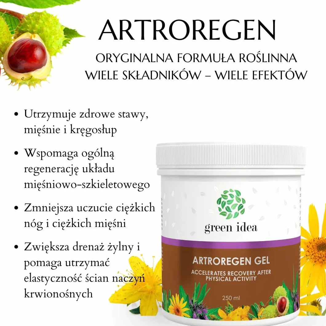 Green idea - Żel Artroregen | Maść na stawy |przyspiesza regenerację po treningu | Bóle stawów i mięśni | żywokost, arnika, kasztanowiec, rozmaryn, eukaliptus, mentol | żel do masażu 250 ml