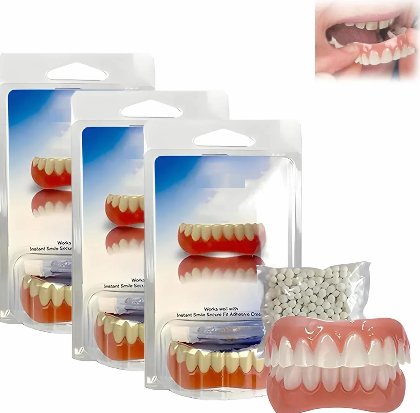 Fivfivgo Soft Denture Reline Kit, Snap on Dentures Silicone Fake Teeth Top Bottom (3 Set)