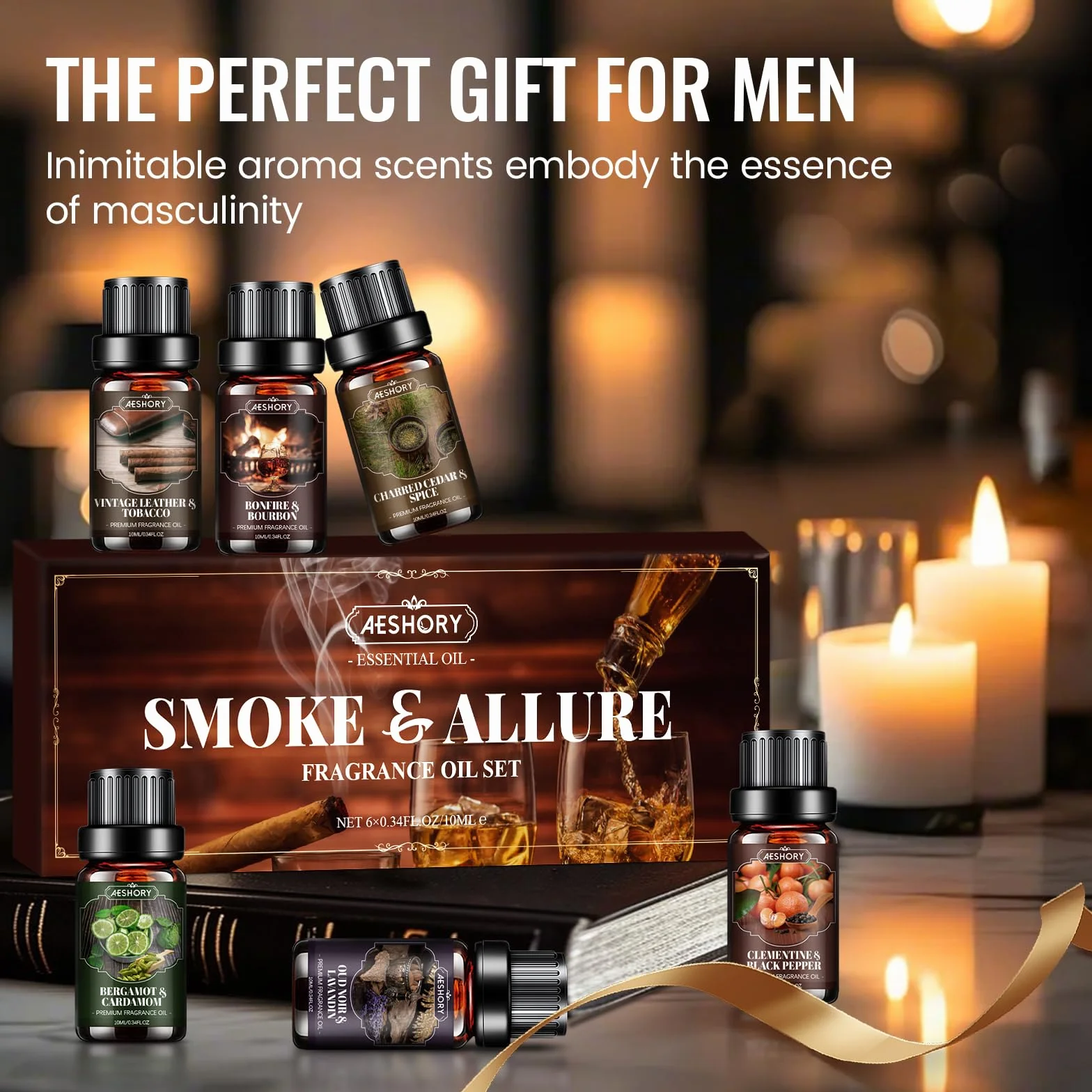 AESHORY 6 x 10ml Zestaw Olejków Eterycznych Dla Mężczyzn, Naturalny Olejek Do Dyfuzora Zapachowego, Olejki Zapachowe Do Nawilżaczy Powietrza, Wyrobu Świec I Perfum