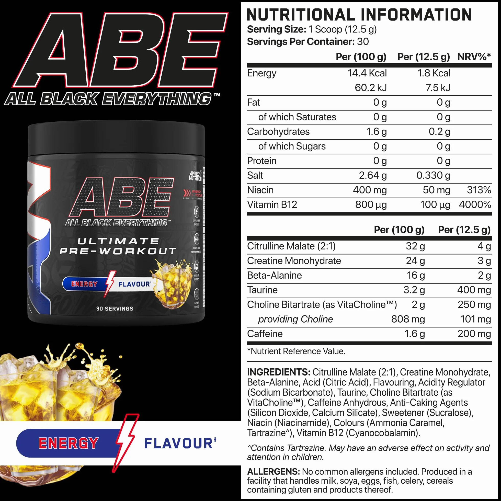 Applied Nutrition ABE Pre Workout - All Black Everything Pre Workout Powder, Energia i Wydolność Fizyczna z Cytruliną, Kreatyną, Beta-Alaniną (Energy Flavour, 375g - 30 porcji)