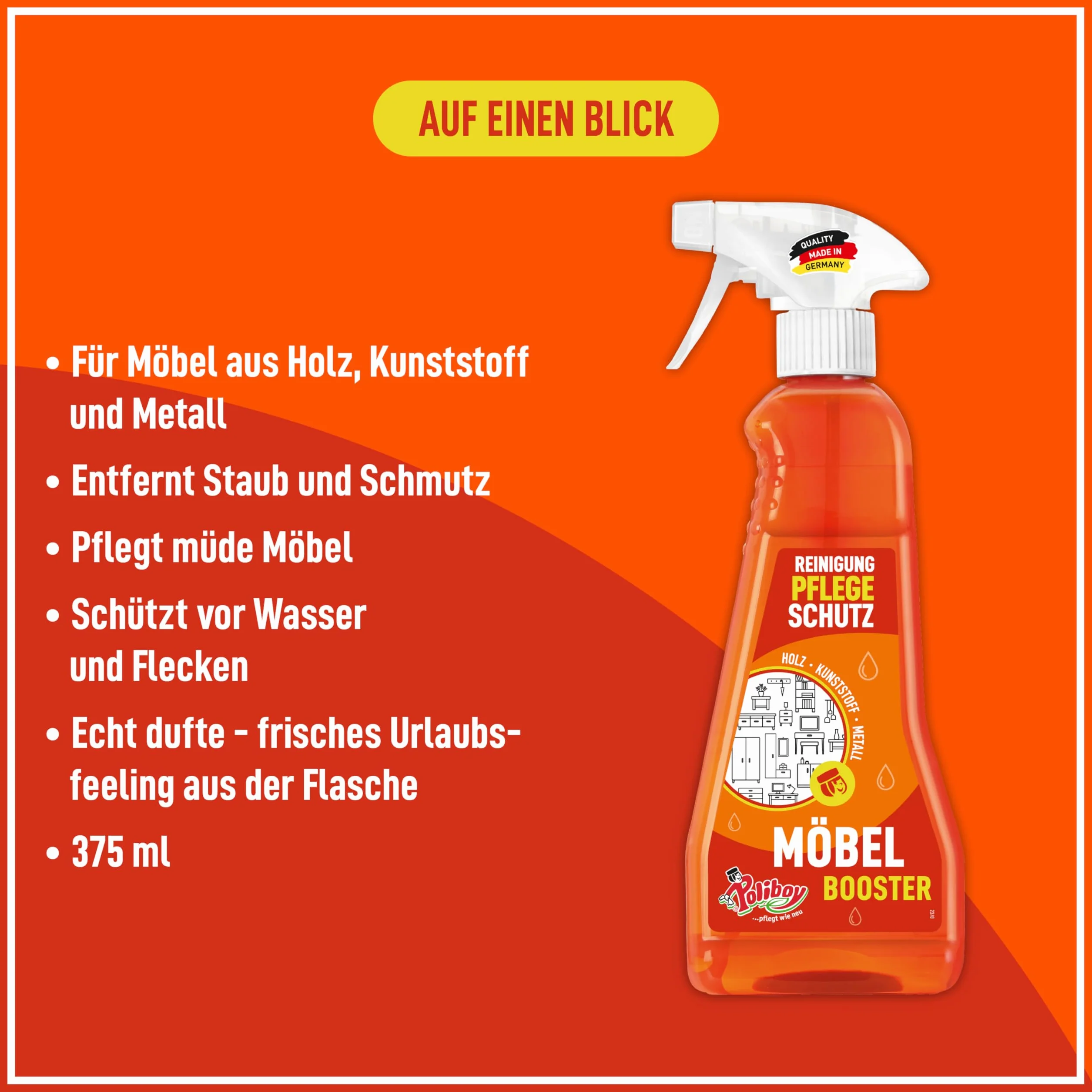 POLIBOY środek do czyszczenia mebli – środek czyszczący do mebli – usuwa brud i odświeża – 1 x 375 ml – z bawełnianą ściereczką – Made in Germany
