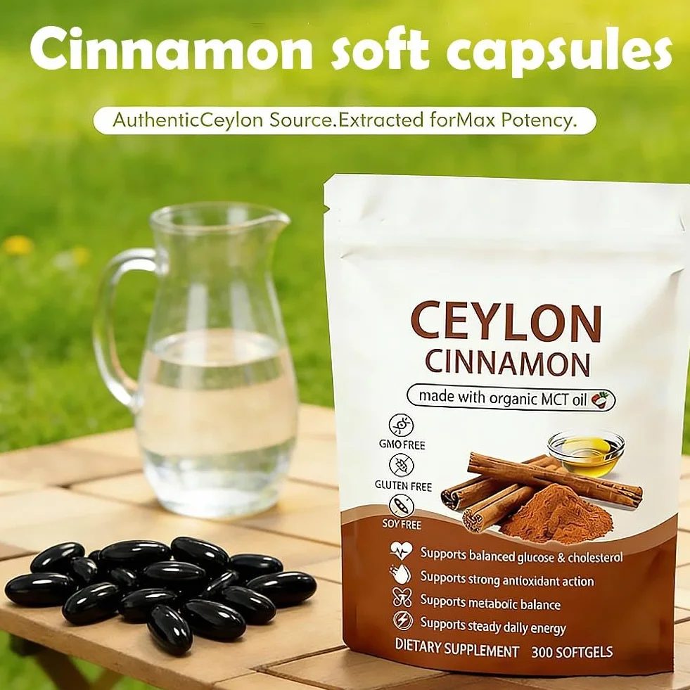 Ceylon Cinnamon Capsules z olejem MCT, wysoka absorpcja, bez GMO, bezglutenowe, 300 kapsułek żelowych