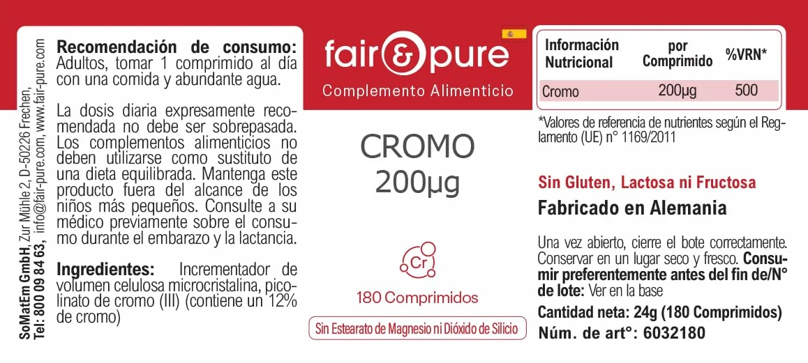 Tabletki chromu Fair & Pure 200 μg, 180 tabletek, wegański suplement diety bez dodatków, wyprodukowano w Niemczech