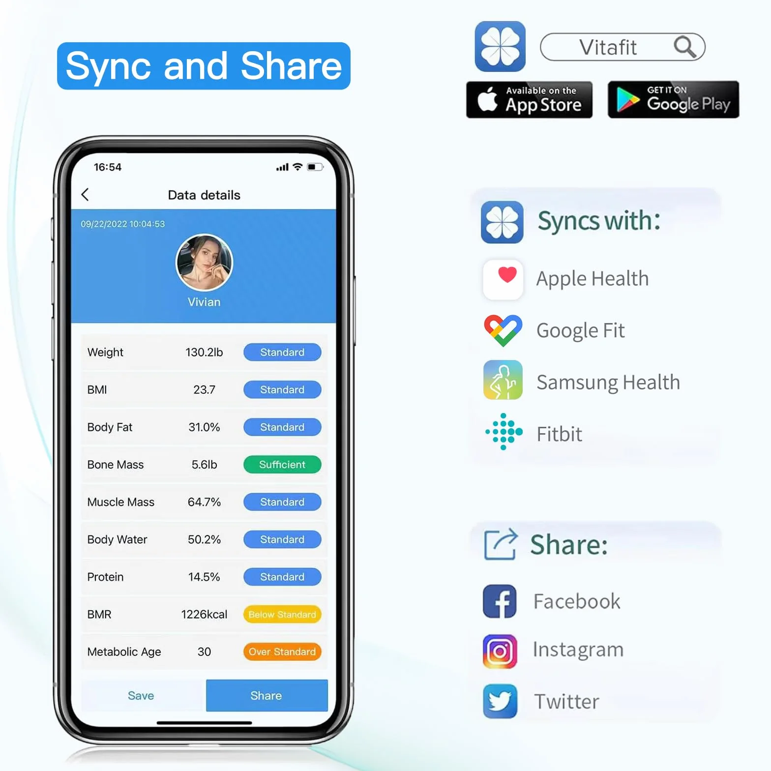 Vitafit Waga Cyfrowa, Wysoka Dokładność 0,05kg przez Nasze Profesjonalna Fabryka Od 2001, Inteligentna Waga Łazienkowa Sync App z 13 Składu BMI,Tkanki Tłuszczowej i Mięśni, 182 kg, LED, Czarny
