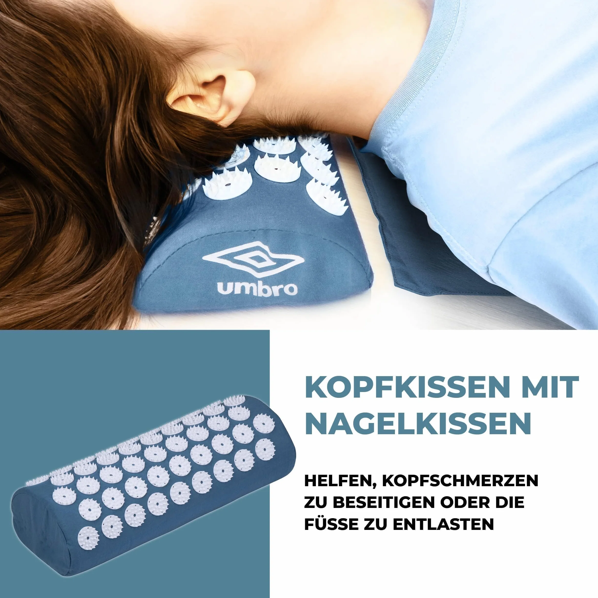 Umbro Mata do akupresury z poduszką, łagodząca ból pleców, mata do akupunktury, łóżko paznokcia, akupresura, łagodząca ból, 42 x 71 cm, niebieska