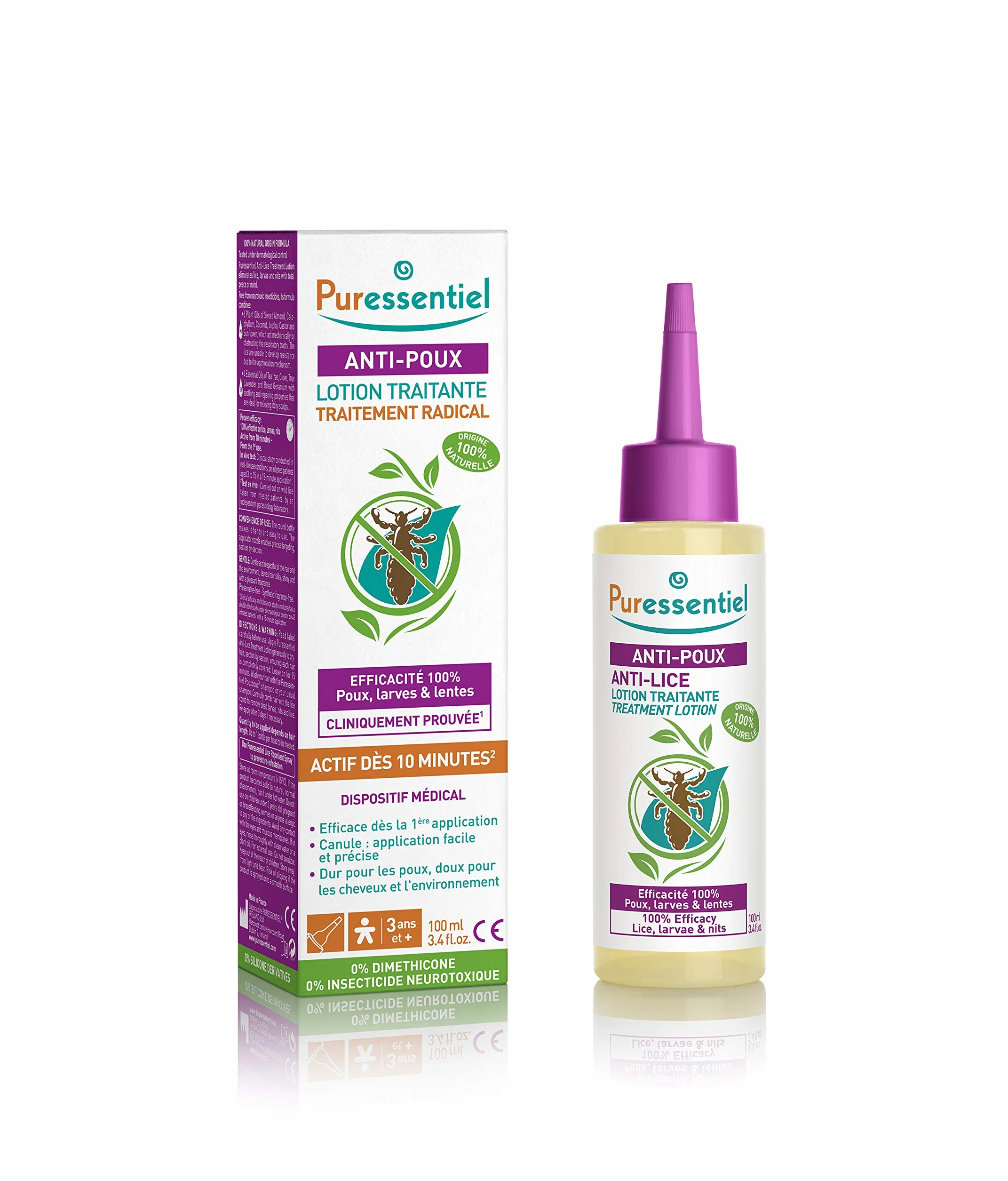 Puressentiel Balsam do leczenia wszy głowowych i grzebień na wszy, zabija 100% wszy, w zaledwie 10 minut, 100% naturalna formuła, łatwy do nałożenia, balsam 100 ml, dla dzieci i dorosłych, bez